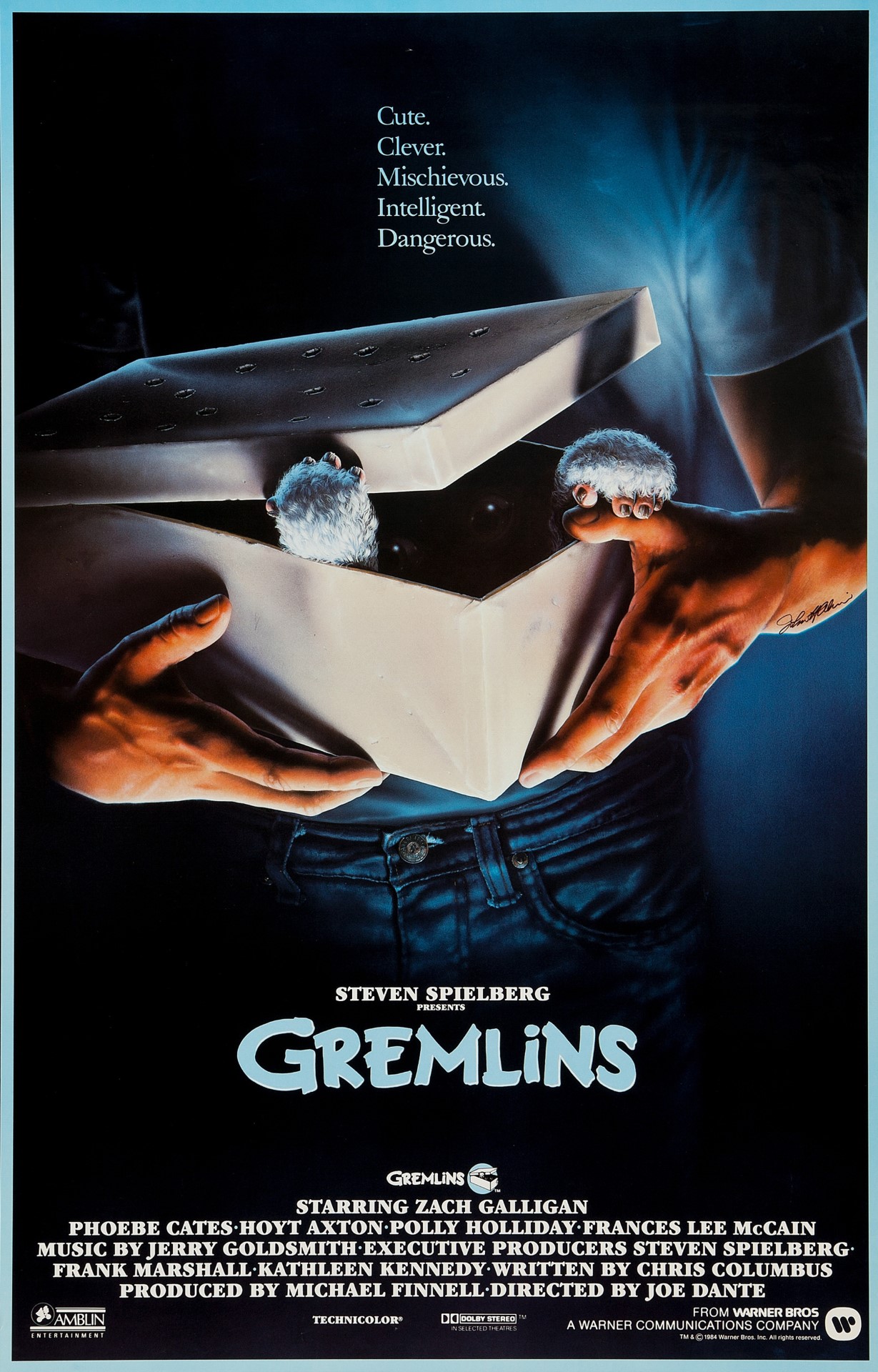 A movie poster of Gremlins. Starring .