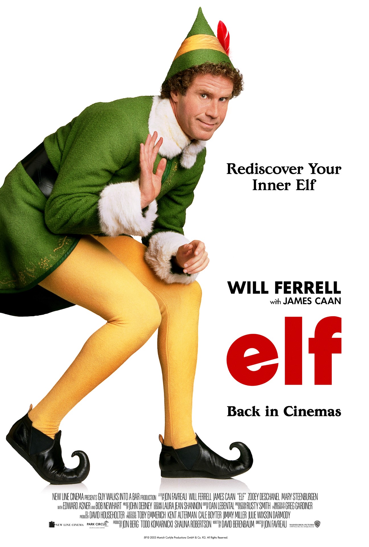 A movie poster of Elf. Starring Andy Richter,Bob Newhart,Daniel Tay,Edward Asner,James Caan,Jon Favreau,Mary Steenburgen,Michael Lerner,Will Ferrell,Zooey Deschanel.