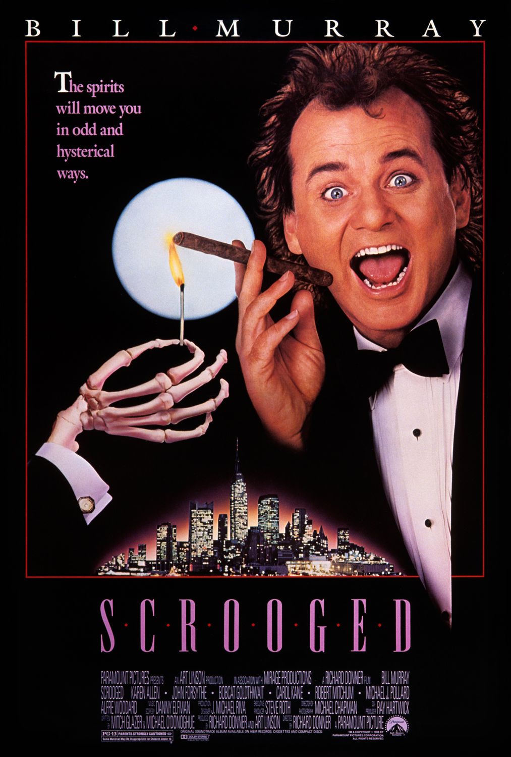 A movie poster of Scrooged. Starring .