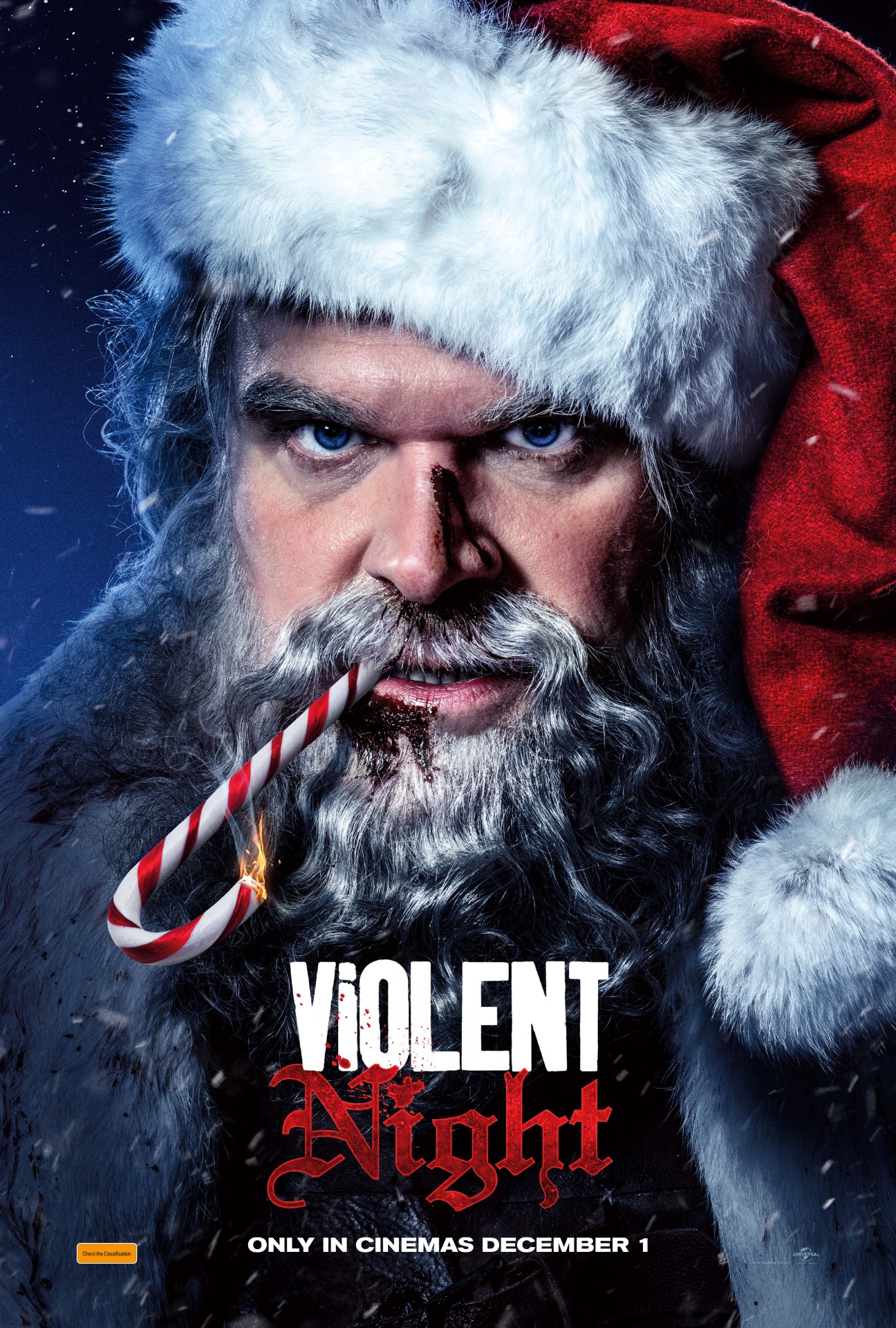 A movie poster of Violent Night. Starring .