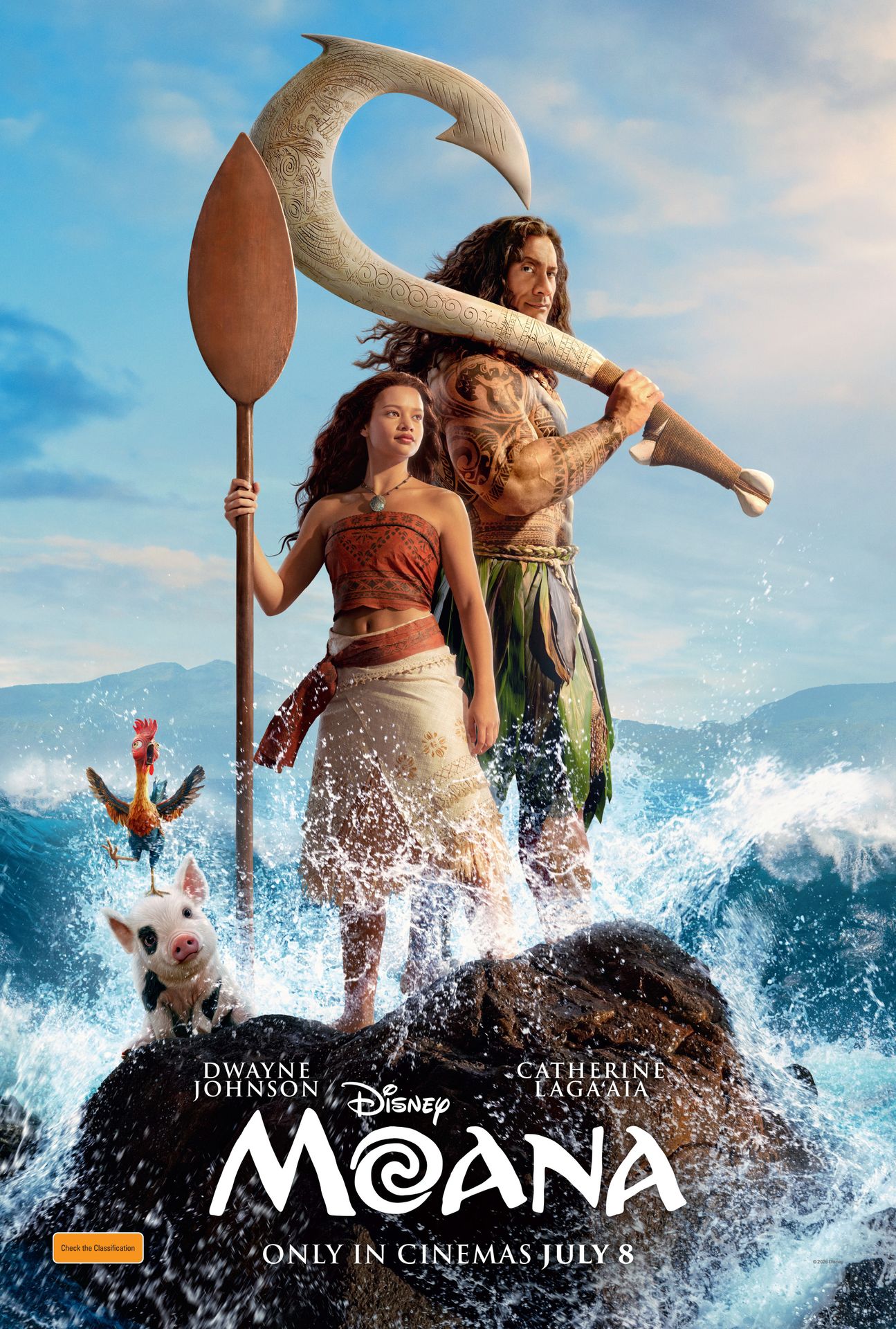 A movie poster of Moana. Starring Frankie  Adams, Dwayne Johnson, Catherine Laga‘aia, Rena Owen, John Tui. Release date 08 07 2026.