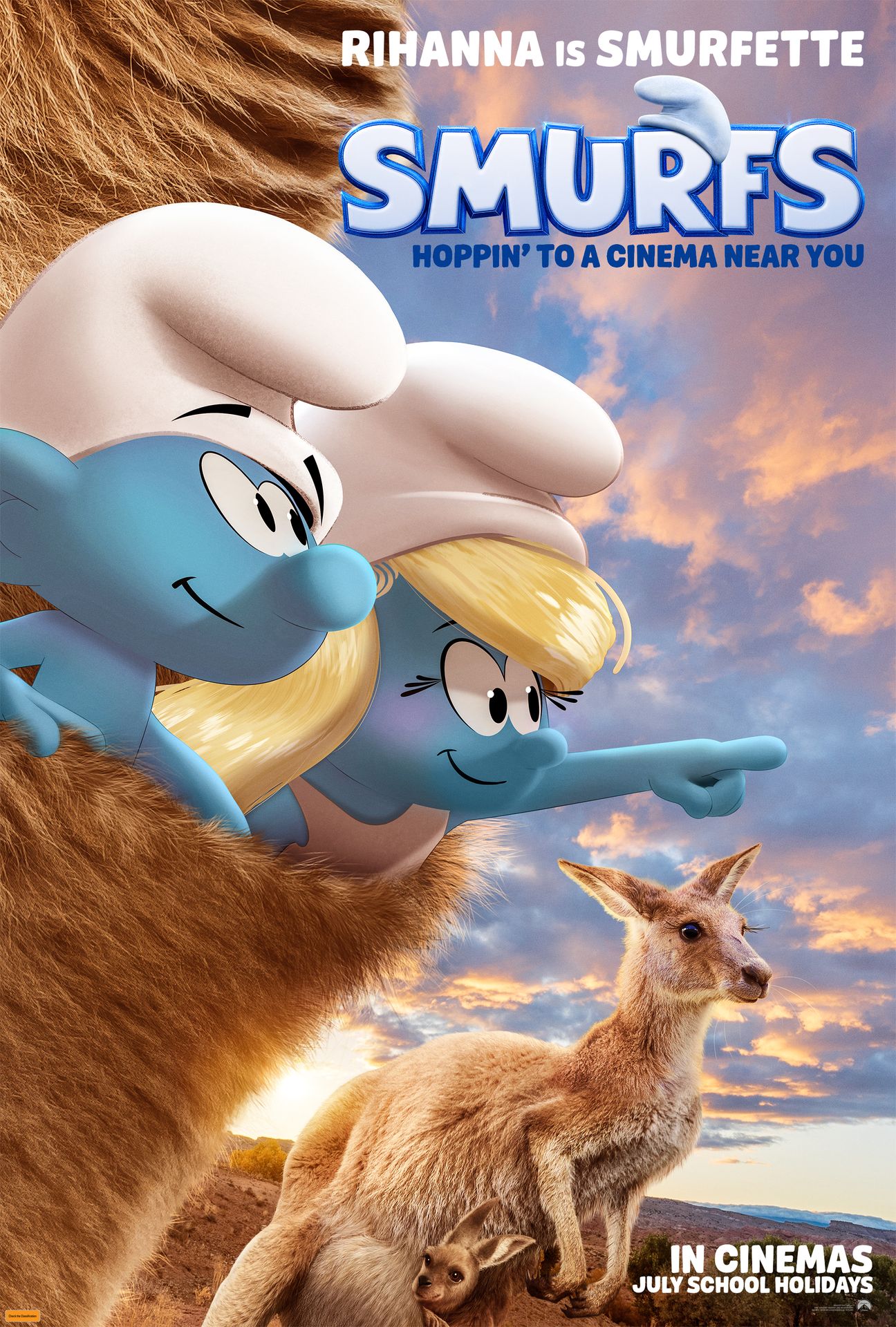 A movie poster of Smurfs. Starring .
