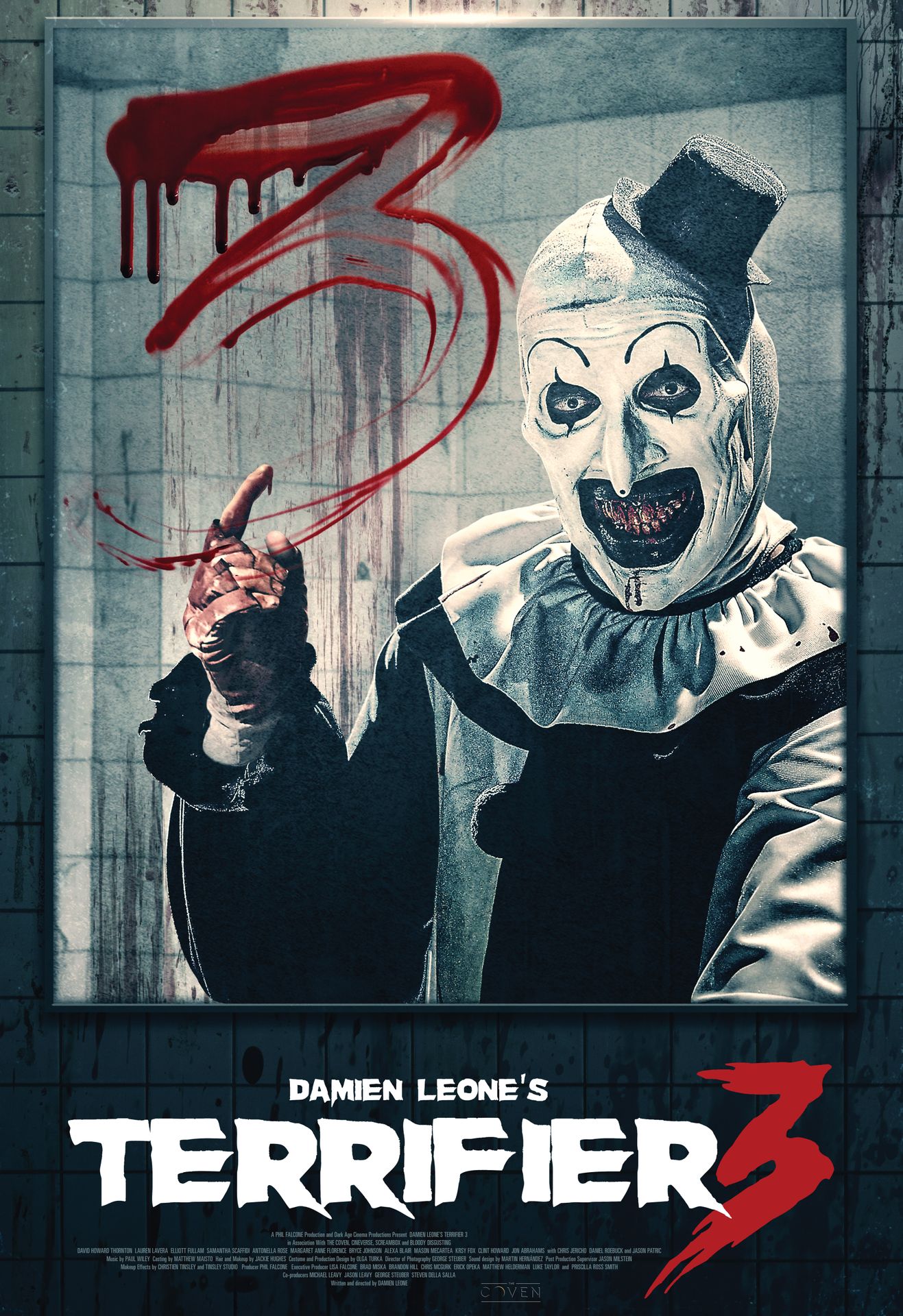 A movie poster of Terrifier 3. Starring .