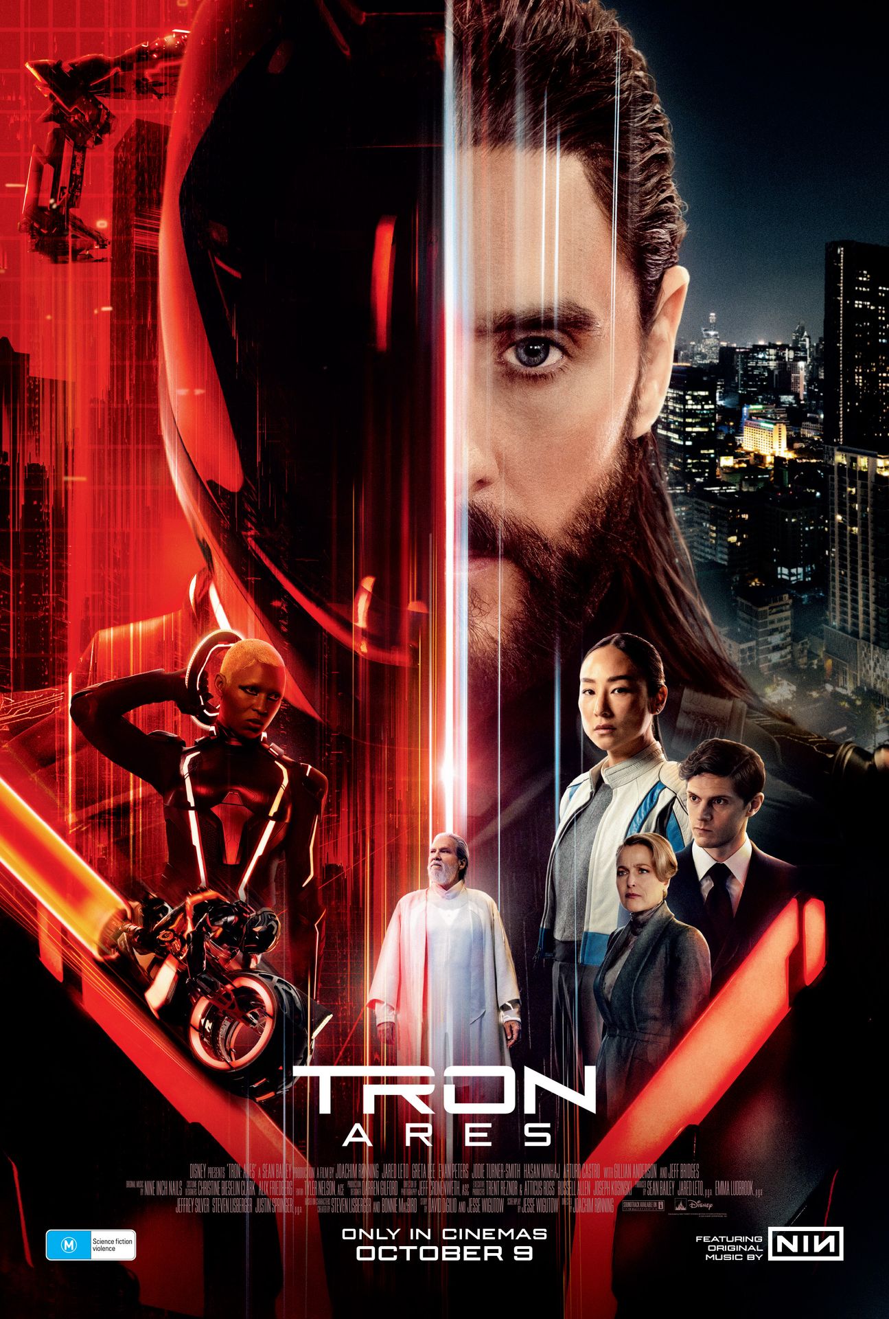 A movie poster of Tron: Ares. Starring Arturo Castro (XII),Cameron Monaghan,Evan Peters,Gillian Anderson,Greta Lee,Hasan Minhaj,Jared Leto,Jeff Bridges,Jodie Turner-Smith,Sarah Desjardins.