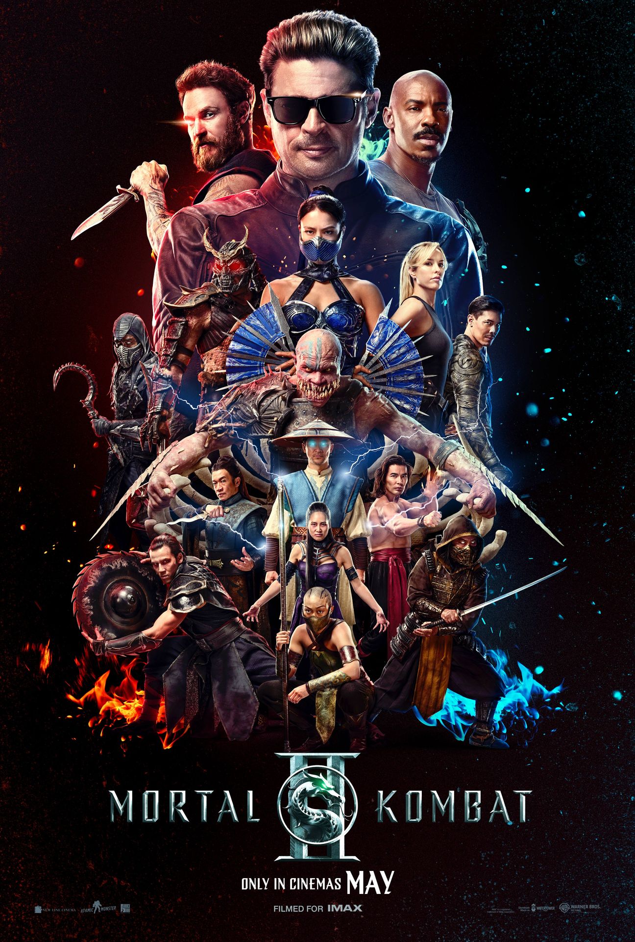 A movie poster of Mortal Kombat II. Starring Adeline Rudolph,Ana Thu Nguyen,Damon Herriman,Desmond Chiam,Hiroyuki Sanada,Joe Taslim,Karl Urban,Lewis Tan,Martyn Ford,Tati Gabrielle. Release date 07 05 2026.
