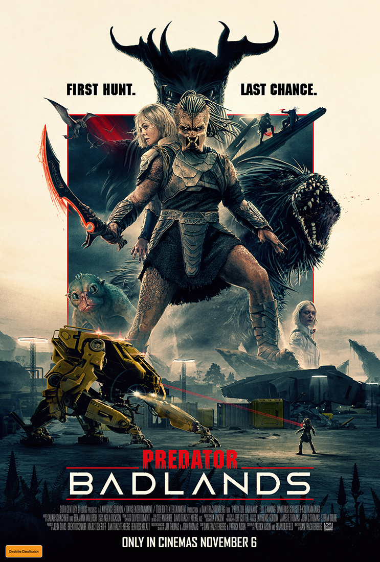 A movie poster of Predator: Badlands. Starring Elle Fanning, Dimitrius Schuster-Koloamatangi. Release date 06 11 2025.