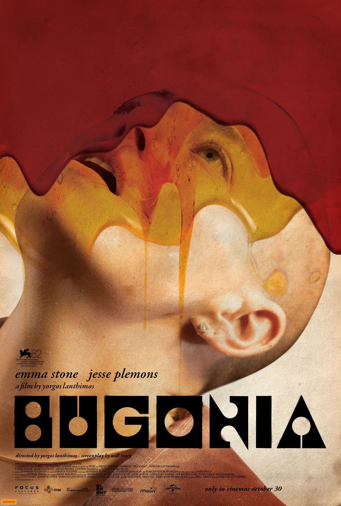 A movie poster of Bugonia. Starring Aidan Delbis, Stavros Halkias, Jesse Plemons, Alicia Silverstone, Emma Stone. Release date 30 10 2025.
