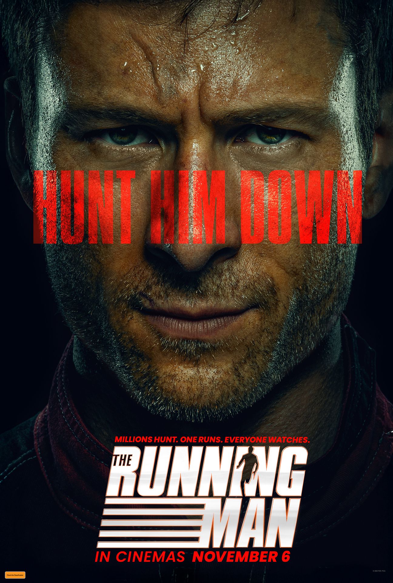 A movie poster of The Running Man. Starring Josh Brolin, Michael Cera, Colman  Domingo, Daniel Ezra, Emilia Jones, Jayme Lawson, William H. Macy, Lee Pace, Glen Powell. Release date 13 11 2025.