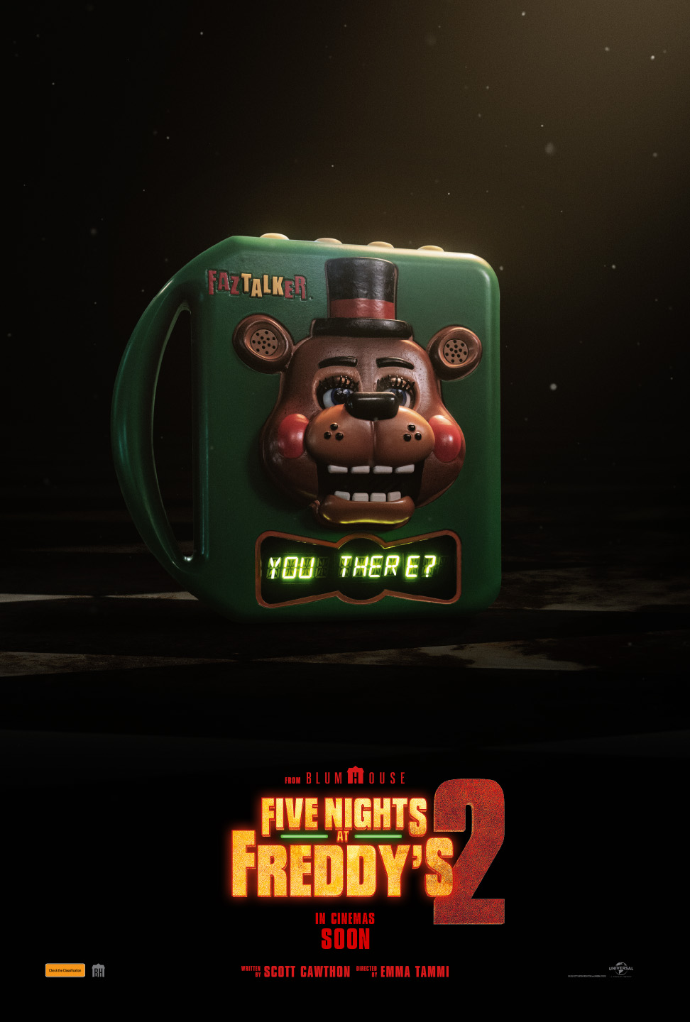 A movie poster of Five Nights at Freddy's 2. Starring Elizabeth Lail,Freddy Carter,Josh Hutcherson,Matthew Lillard,Mckenna Grace,Megan Fox,Piper Rubio,Skeet Ulrich,Teo Briones,Theodus Crane,Wayne Knight. Release date 04 12 2025.