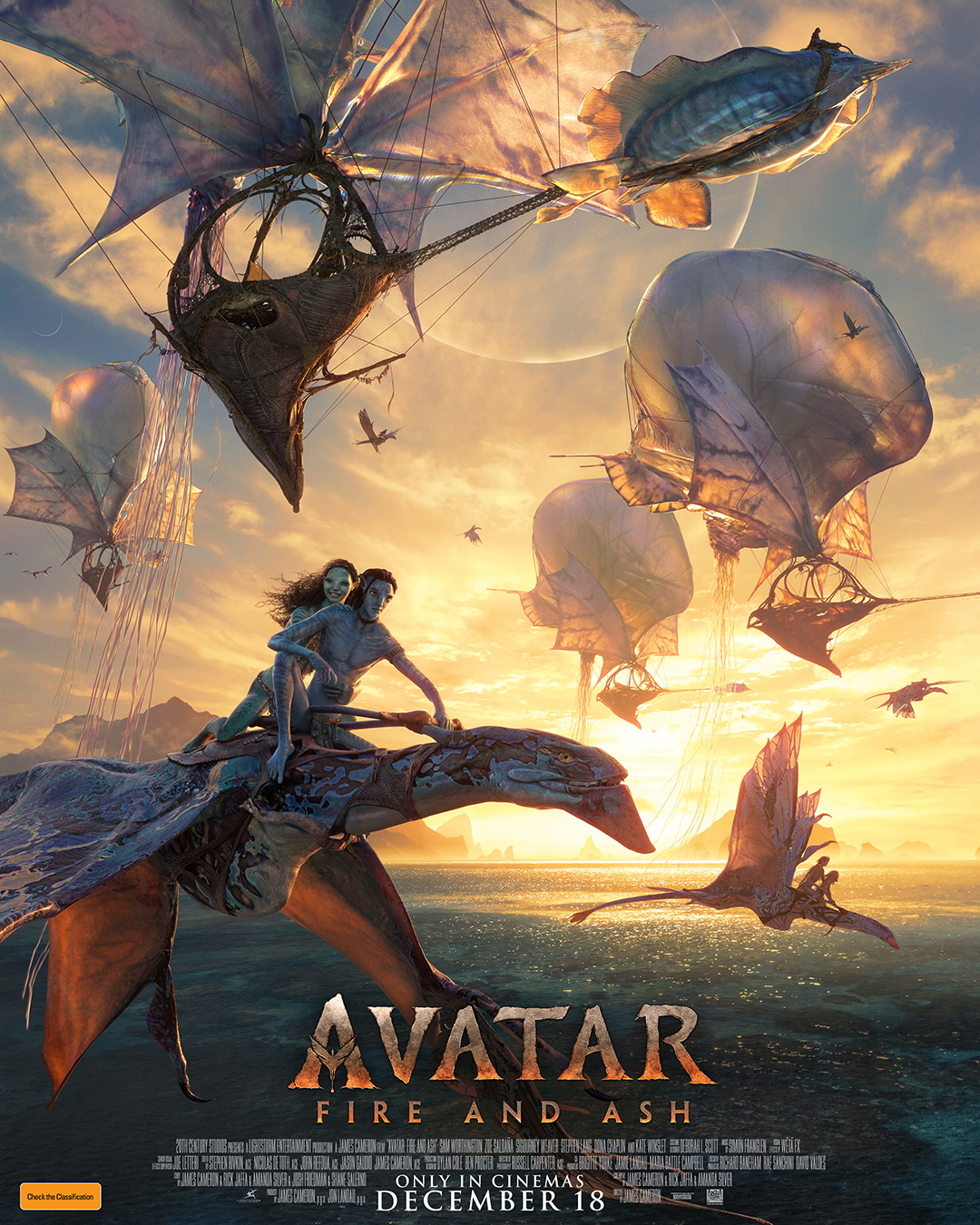 A movie poster of Avatar: Fire and Ash. Starring Oona Chaplin, Cliff Curtis, Stephen Lang, Joel David  Moore, Giovanni Ribisi, Zoe Saldana, Sigourney  Weaver, Sam Worthington. Release date 18 12 2025.