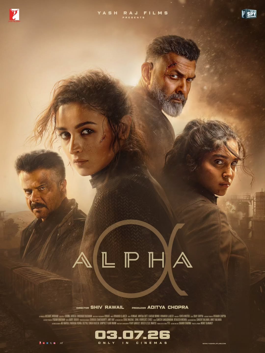A movie poster of Alpha. Starring Alia Bhatt, Anil Kapoor, Ashutosh Rana, Bobby Deol, Dibyendu Bhattacharya, Hrithik Roshan, R. Madhavan, Sharvari Wagh.