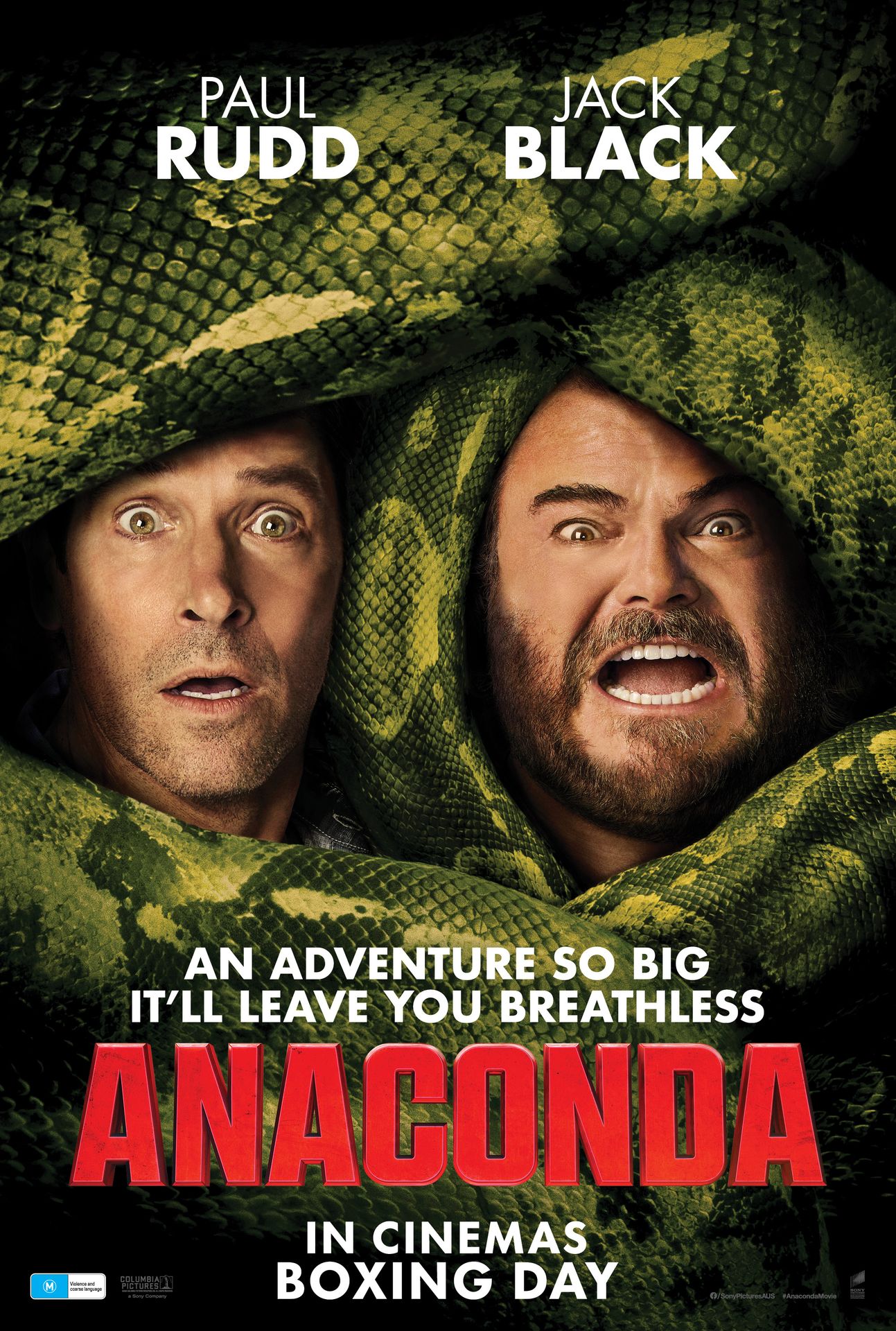 A movie poster of Anaconda. Starring Aimee Bah,Ben Lawson,Daniela Melchior,Ione Skye,Jack Black,Paul Rudd,Selton Mello,Steve Zahn,Thandiwe Newton,Yasmin Kassim. Release date 26 12 2025.
