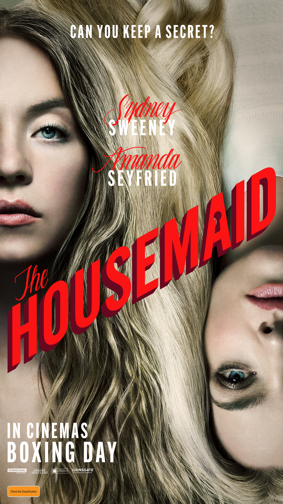 A movie poster of The Housemaid. Starring Amanda Seyfried,Brandon Sklenar,Brian D. Cohen,Elizabeth Perkins,Ellen Tamaki,Indiana Elle,Maury Ginsberg,Megan Ferguson,Michele Morrone,Sydney Sweeney. Release date 26 12 2025.
