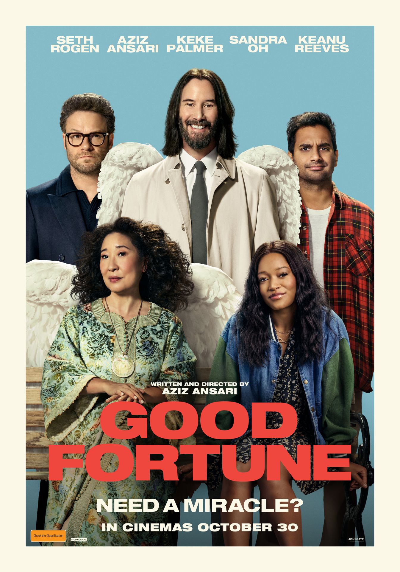 A movie poster of Good Fortune. Starring Aditya Geddada,Alexander Jo,Aziz Ansari,Blanca Araceli,Joe Mande,Keanu Reeves,Keke Palmer,Sandra Oh,Seth Rogen,Stephen McKinley Henderson.
