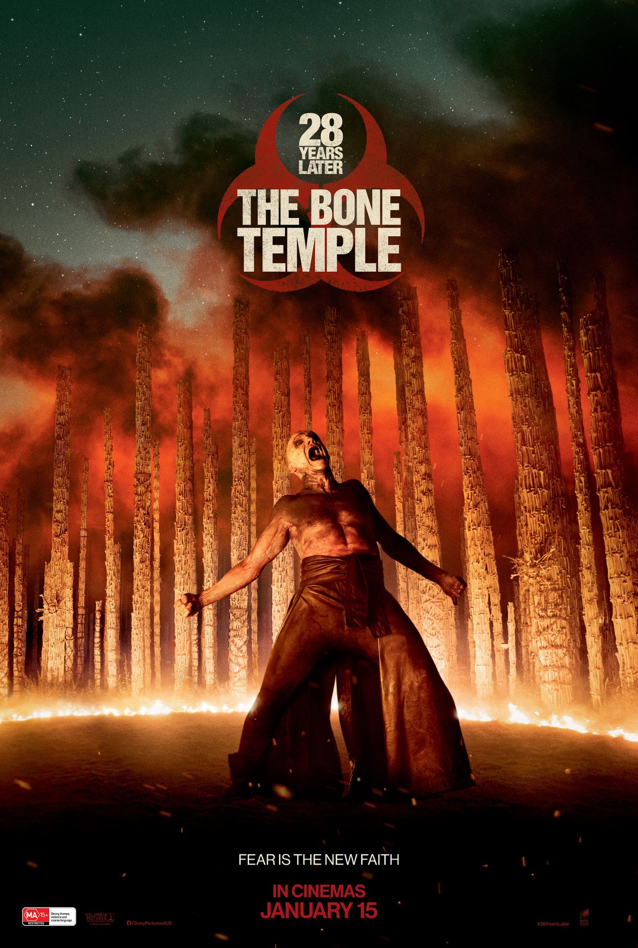 A movie poster of 28 Years Later: The Bone Temple. Starring Aaron Taylor-Johnson,Alfie Williams,Chi Lewis-Parry,Emma Laird,Erin Kellyman,Jack O'Connell,Maura Bird,Ralph Fiennes,Robert Rhodes,Sam Locke. Release date 15 01 2026.