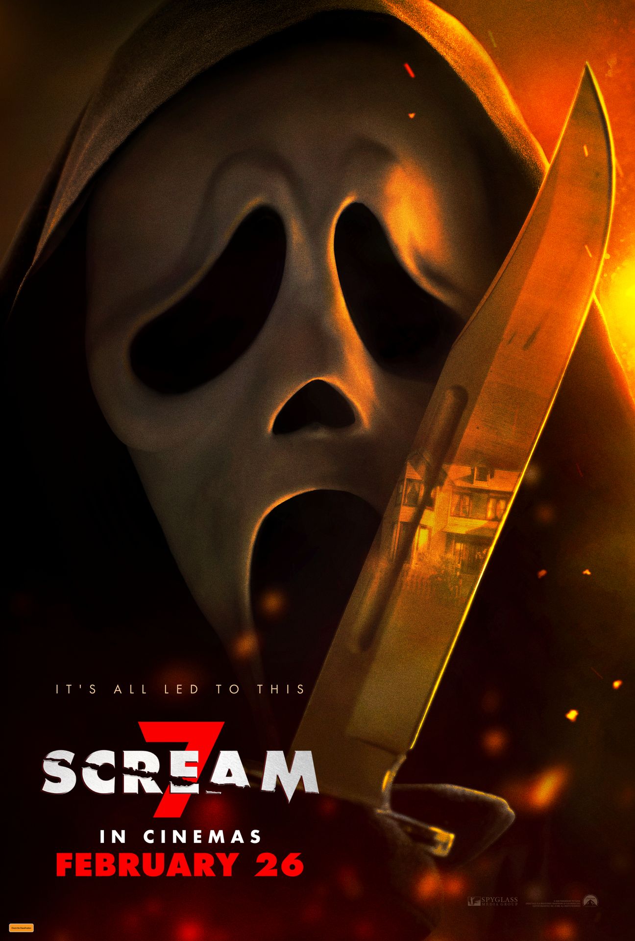 A movie poster of Scream 7. Starring Anah Diamanty,Anna Camp,Asa Germann,Celeste O'Connor,Courteney Cox,David Arquette,Isabel May,Jasmin Savoy Brown,Joel McHale,Mason Gooding,Mckenna Grace,Neve Campbell,Sam Rechner. Release date 26 02 2026.