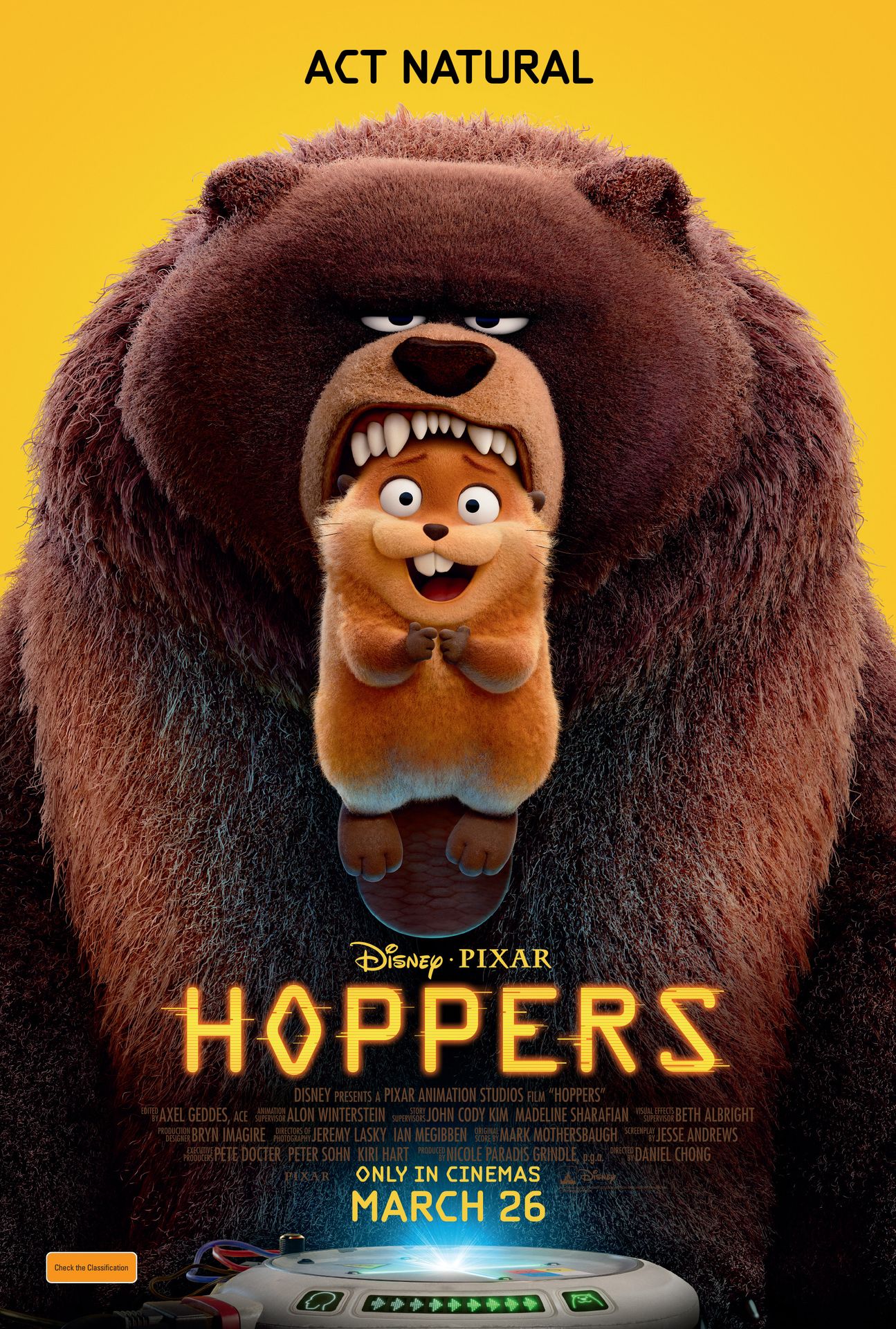 A movie poster of Hoppers. Starring Bobby Moynihan,Dave Franco,Eduardo Franco,Ego Nwodim,Jon Hamm,Kathy Najimy,Melissa Villaseñor,Meryl Streep,Piper Curda,Sam Richardson,Vanessa Bayer. Release date 26 03 2026.