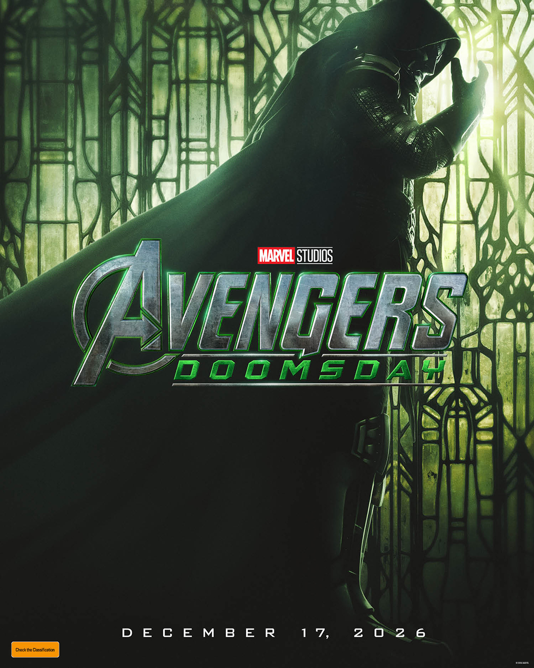 A movie poster of Avengers: Doomsday. Starring Robert Downey Jr., Vanessa Kirby, Ebon Moss-Bachrach, Pedro Pascal, Joseph Quinn. Release date 17 12 2026.