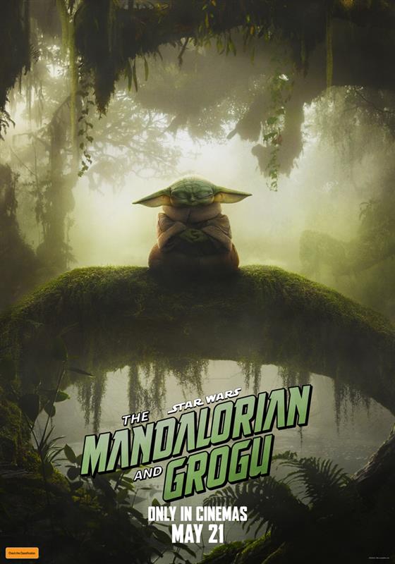 A movie poster of Star Wars: The Mandalorian and Grogu. Starring Brendan Wayne,Dave Filoni,Hemky Madera,Jeremy Allen White,Jonny Coyne,Lateef Crowder,Martin Scorsese,Pedro Pascal,Sigourney Weaver,Steve Blum.