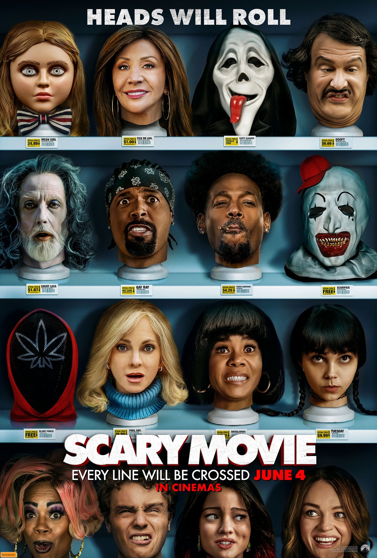 A movie poster of Scary Movie. Starring Anna Faris, Regina Hall, Dave Sheridan, Shawn Wayans, Gregg Wayans, Marlon Wayans, Damon Wayans Jr.. Release date 04 06 2026.