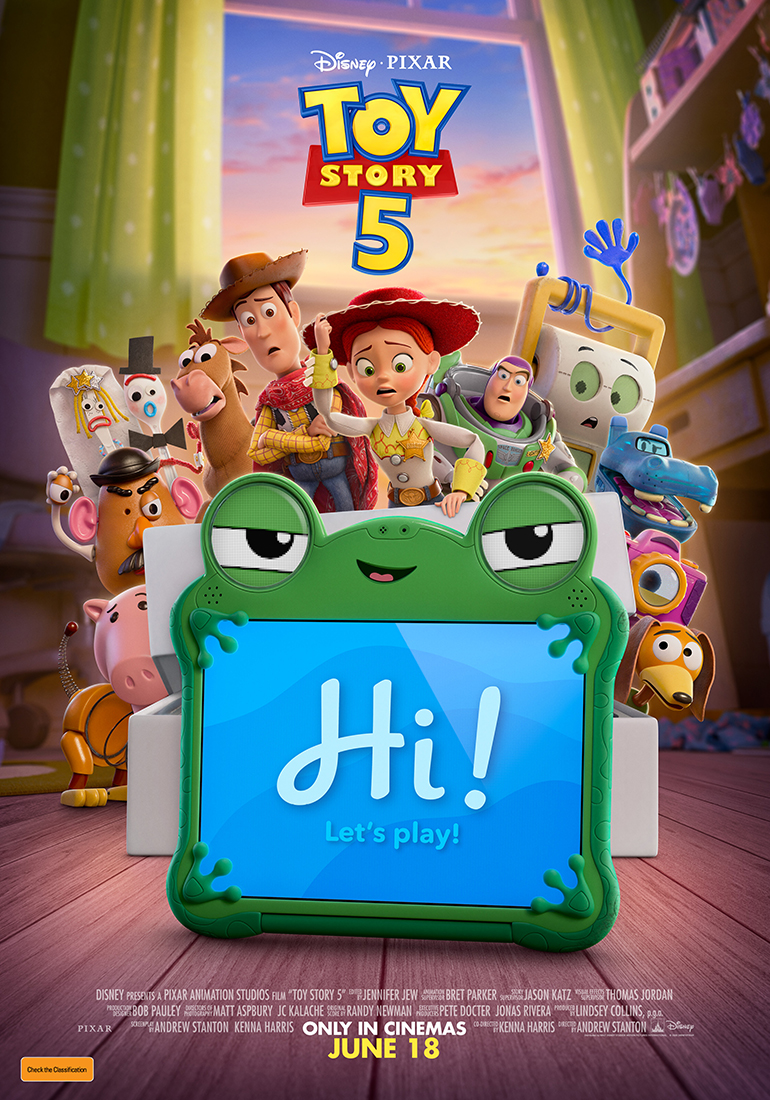 A movie poster of Toy Story 5. Starring Tim Allen, Joan Cusack, Tony Hale, Tom Hanks, Greta Lee, Conan O'Brien. Release date 18 06 2026.