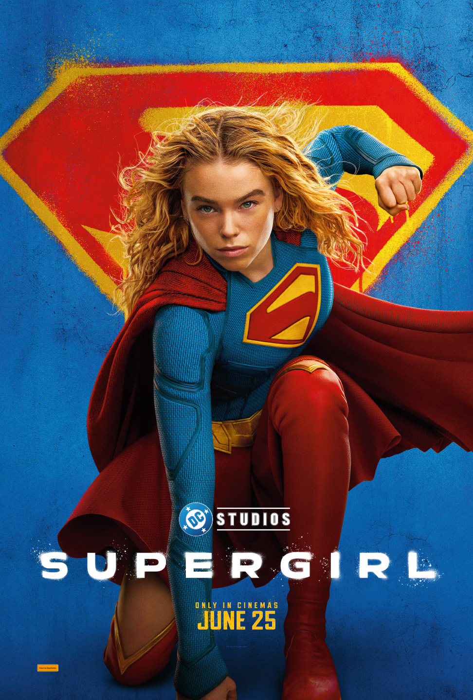 A movie poster of Supergirl. Starring Milly Alcock, Emily Beecham, David Krumholtz, Jason Momoa, Eve Ridley, Matthias Schoenaerts. Release date 25 06 2026.