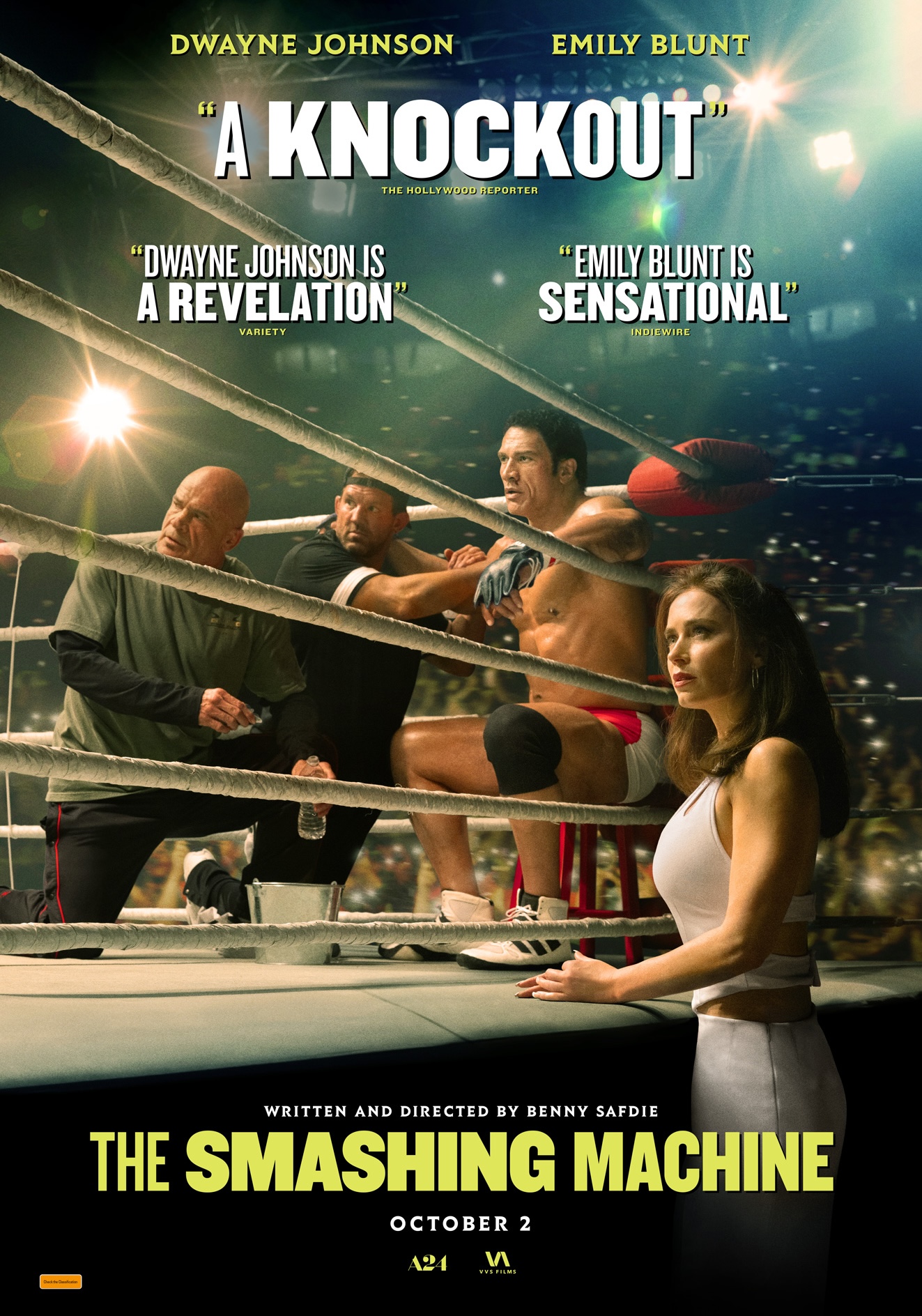 A movie poster of The Smashing Machine. Starring Ryan Bader, Emily Blunt, Dwayne Johnson, Bas Rutten, Oleksandr Usyk. Release date 02 10 2025.