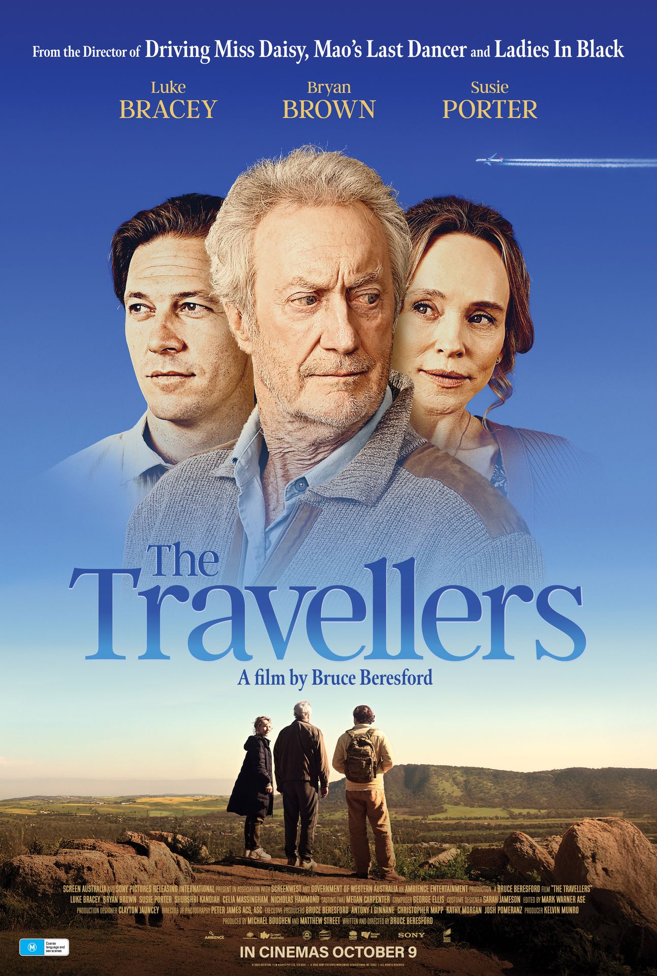 A movie poster of The Travellers. Starring Luke Bracey, Bryan Brown, Nicholas Hammond, Celia Massingham, Alison McGirr, Susie  Porter. Release date 09 10 2025.