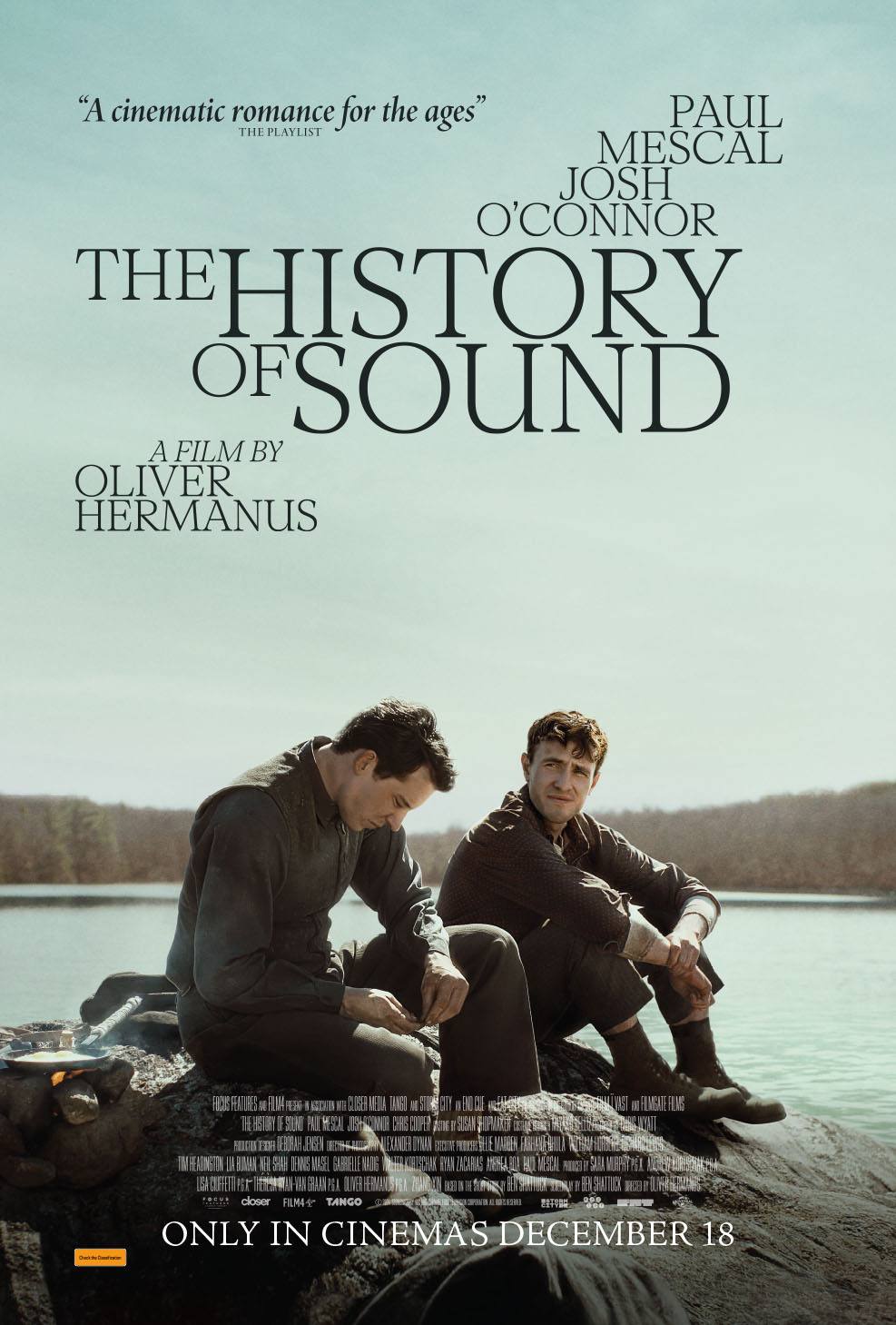 A movie poster of The History of Sound. Starring Brian Hutchison,Chris Cooper,Emma Canning,Josh O'Connor,Michael D. Xavier,Michael Schantz,Molly Price,Paul Mescal,Peter Mark Kendall,Raphael Sbarge. Release date 18 12 2025.