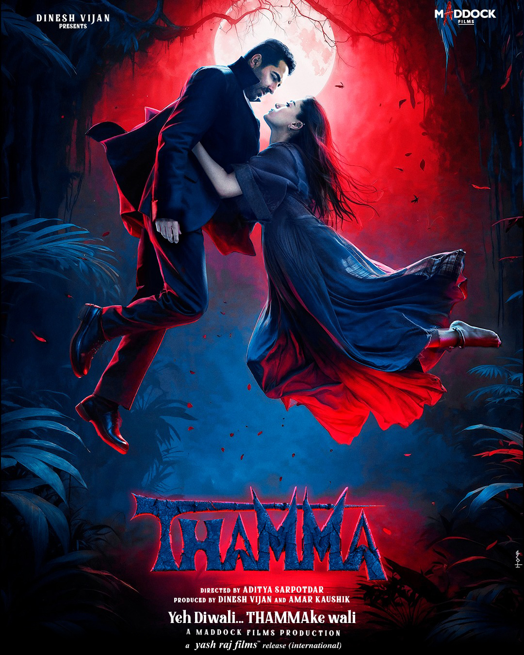 A movie poster of Thamma. Starring Varun Dhawan, Sanjay Dutt, Ayushmann  Khurrana, Rashmika  Mandanna, Vinay Pathak, Paresh Rawal, Nawazuddin  Siddiqui. Release date 21 10 2025.