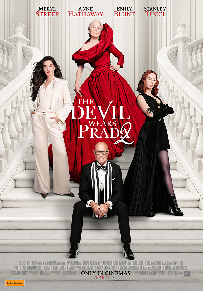 A movie poster of The Devil Wears Prada 2. Starring Emily Blunt, Anne Hathaway, Meryl Streep, Stanley Tucci. Release date 30 04 2026.