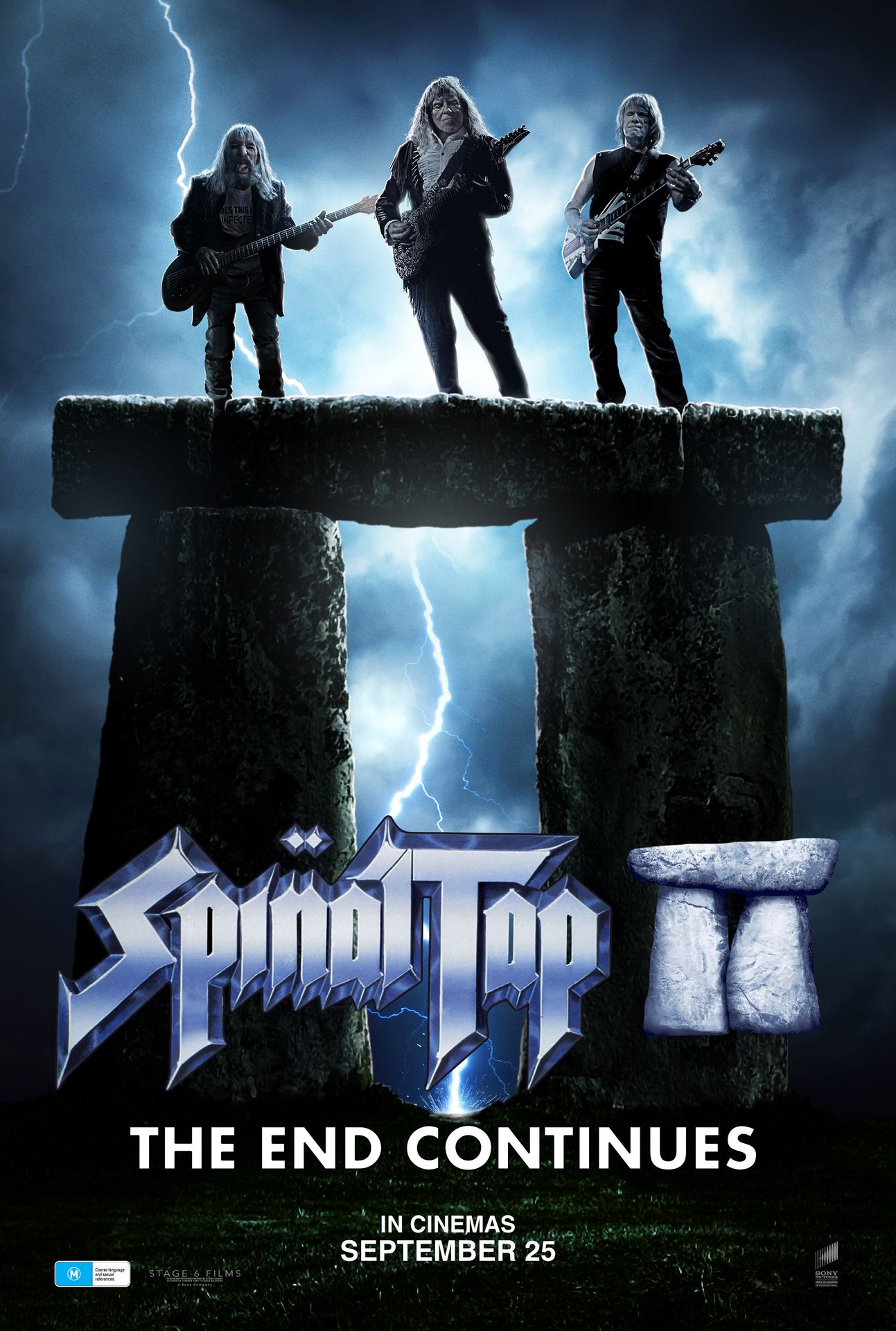 A movie poster of Spinal Tap II: The End Continues. Starring Chris Addison, Nina Conti, Fran  Drescher, Kerry Godliman, Christopher Guest, John Michael Higgins, Elton John, Don Lake, Griffin Matthews, Paul McCartney, Michael McKean, Rob Reiner, Paul Shaffer, Harry Shearer. Release date 25 09 2025.