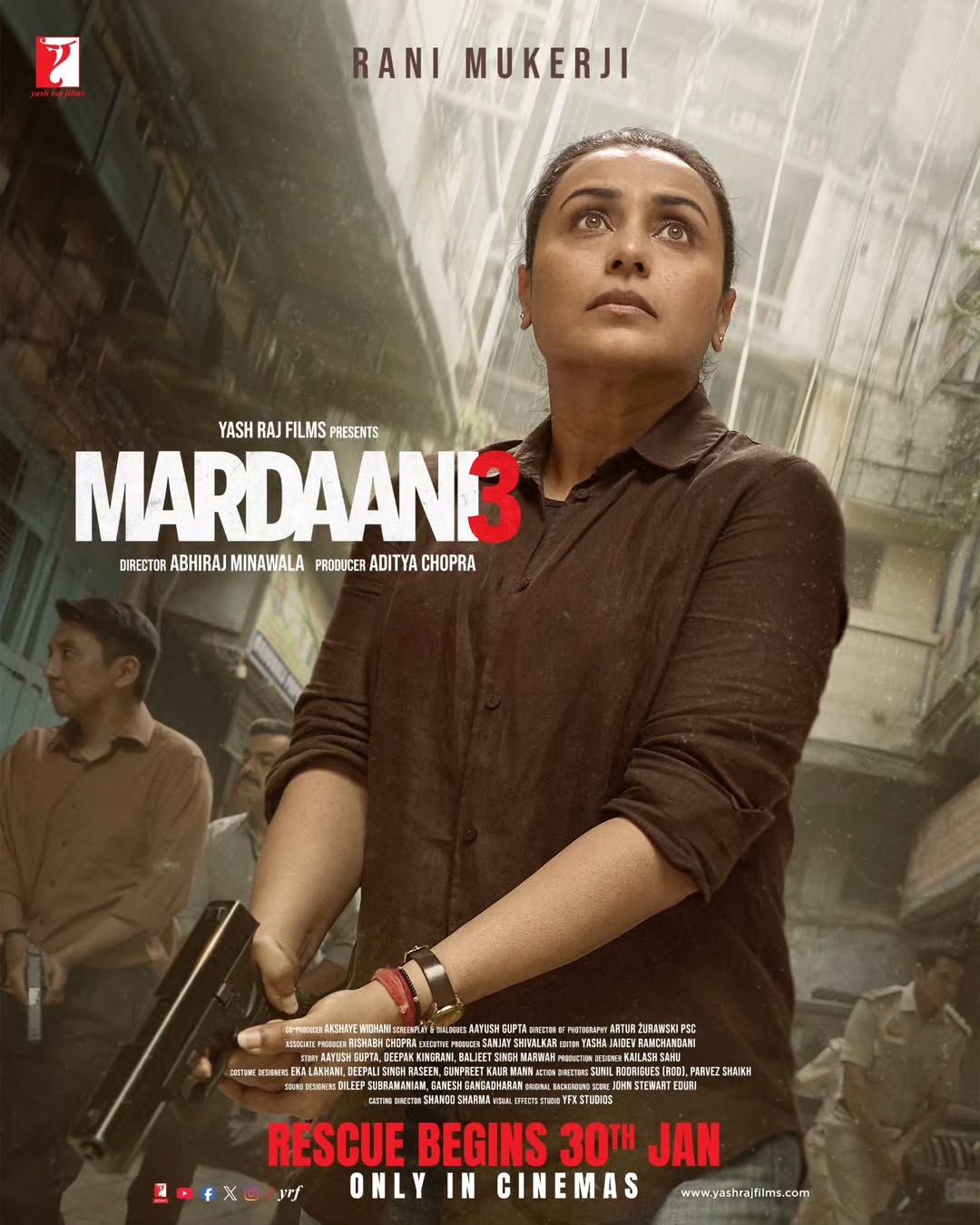 A movie poster of Mardaani 3. Starring Indraneel Bhattacharya,Jaipreet Singh,Janki Bodiwala,Jimpa Sangpo Bhutia,Jishu Sengupta,Mallika Prasad,Mikhail Yawalkar,Prajesh Kashyap,Rani Mukerji,Sachin Negi.
