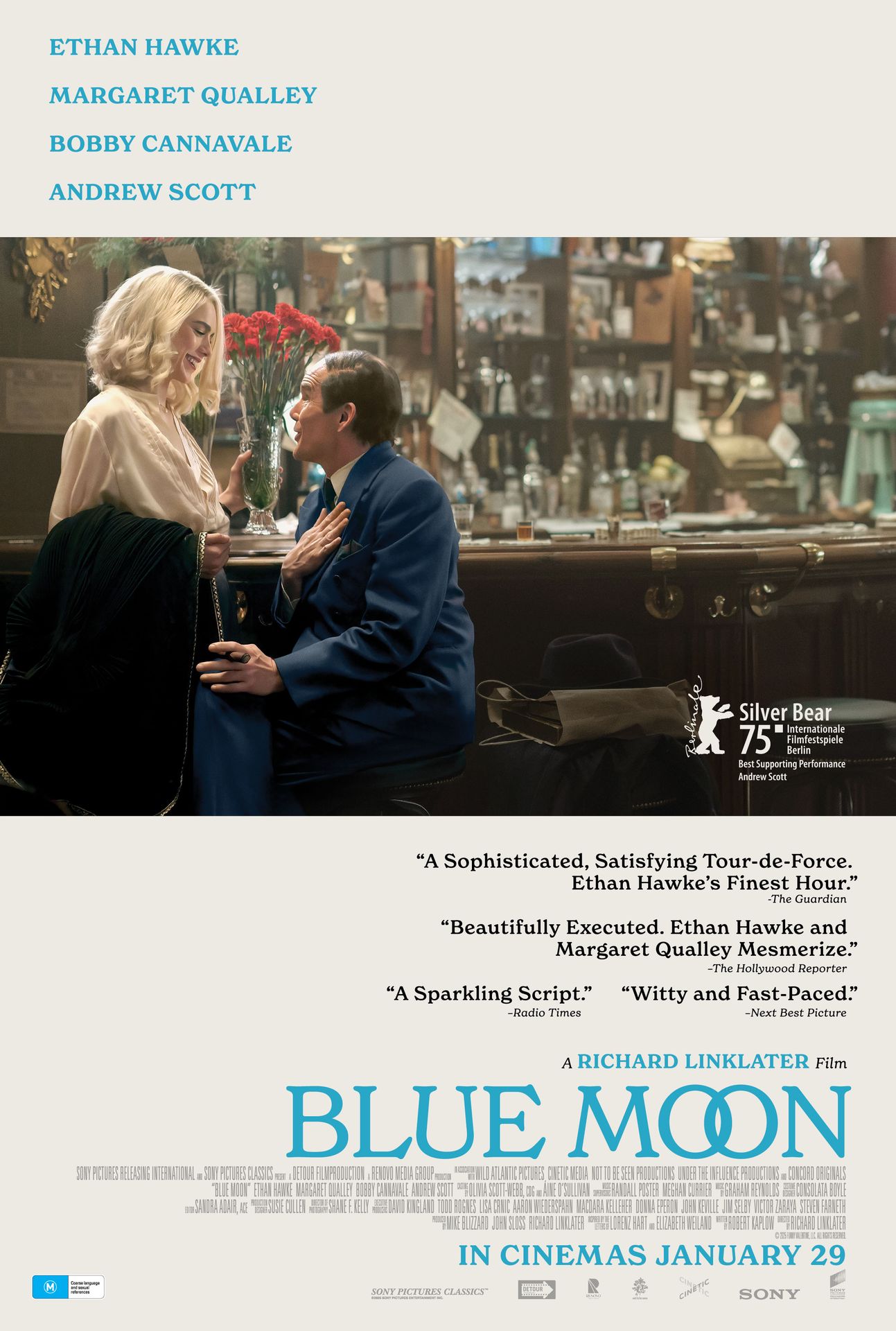 A movie poster of Blue Moon. Starring Andrew Scott,Bobby Cannavale,David Rawle,Ethan Hawke,Giles Surridge,John Doran,Jonah Lees,Margaret Qualley,Patrick Kennedy,Simon Delaney. Release date 29 01 2026.
