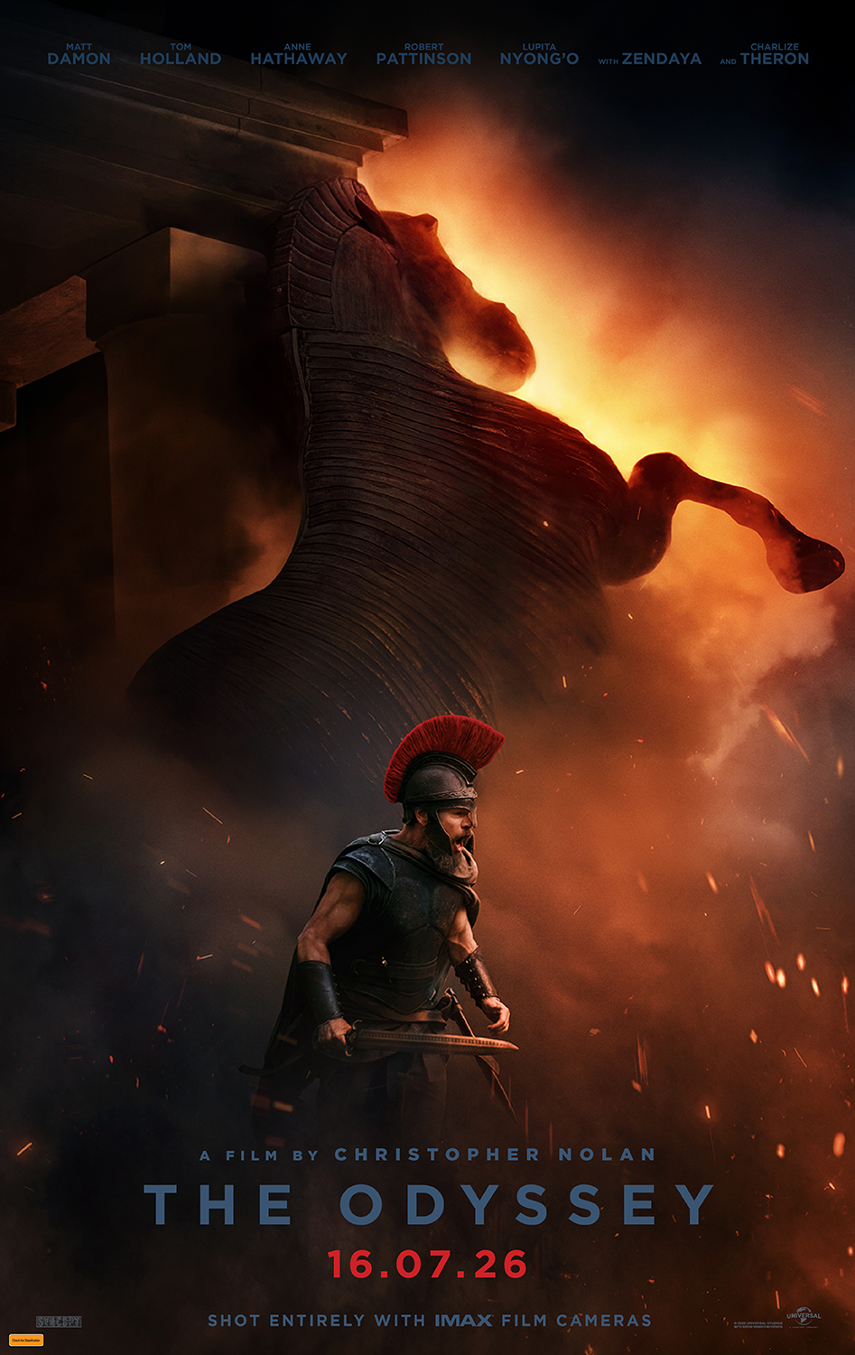 A movie poster of The Odyssey. Starring Zendaya, Matt Damon, Anne Hathaway, Tom  Holland, Lupita Nyong'o, Robert Pattinson, Charlize Theron. Release date 16 07 2026.