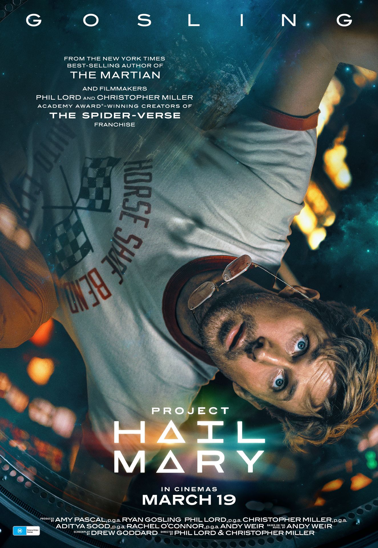 A movie poster of Project Hail Mary. Starring Aaron Neil,James Ortiz,James Wright,Ken Leung,Lionel Boyce,Liz Kingsman,Milana Vayntrub,Orion Lee,Ryan Gosling,Sandra Hüller. Release date 19 03 2026.