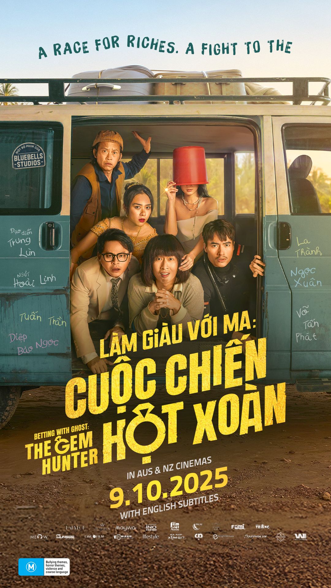 A movie poster of Betting With Ghost 2: The Gem Hunter. Starring Diep Bao Ngoc, Hoai Linh, Tuan Tran. Release date 09 10 2025.