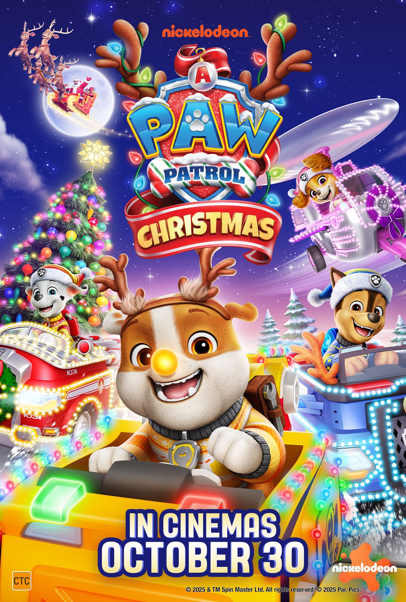 A movie poster of A PAW Patrol Christmas. Starring David J. Dixon,Lucien Duncan-Reid,Luke Dietz,Ron Pardo.