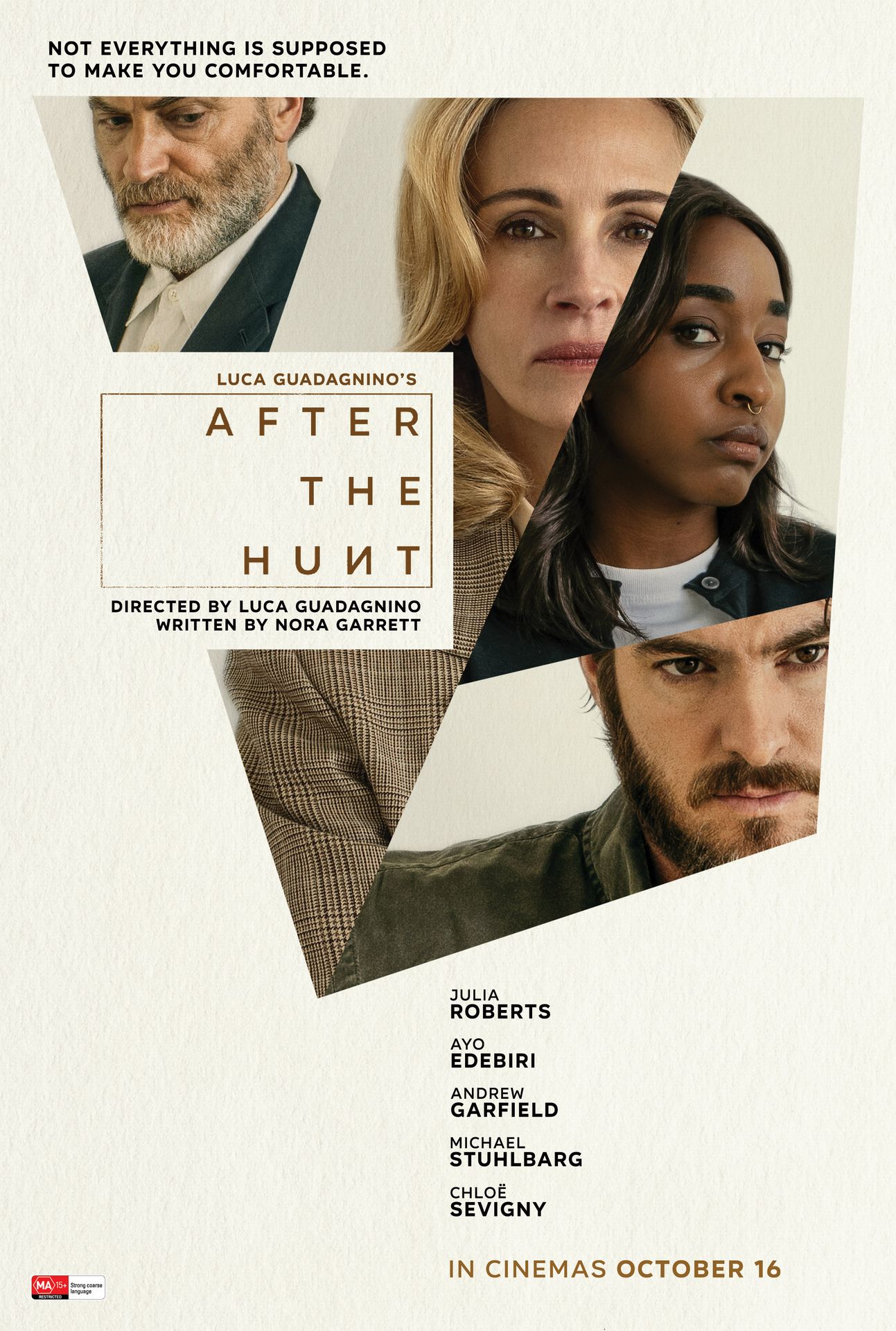 A movie poster of After the Hunt. Starring Ayo Edebiri, Andrew Garfield, Julia Roberts, Chloë  Sevigny, Michael Stuhlbarg. Release date 16 10 2025.