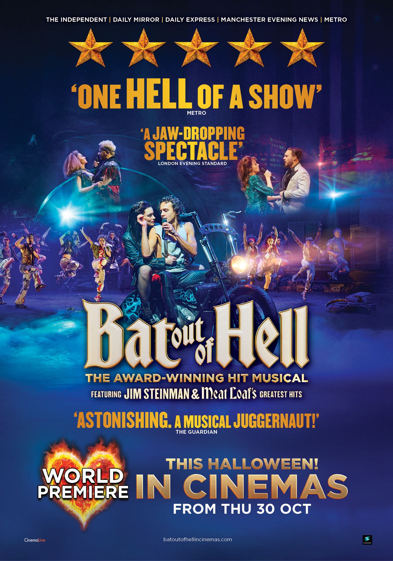 A movie poster of Bat Out of Hell - The Musical. Starring . Release date 30 10 2025.