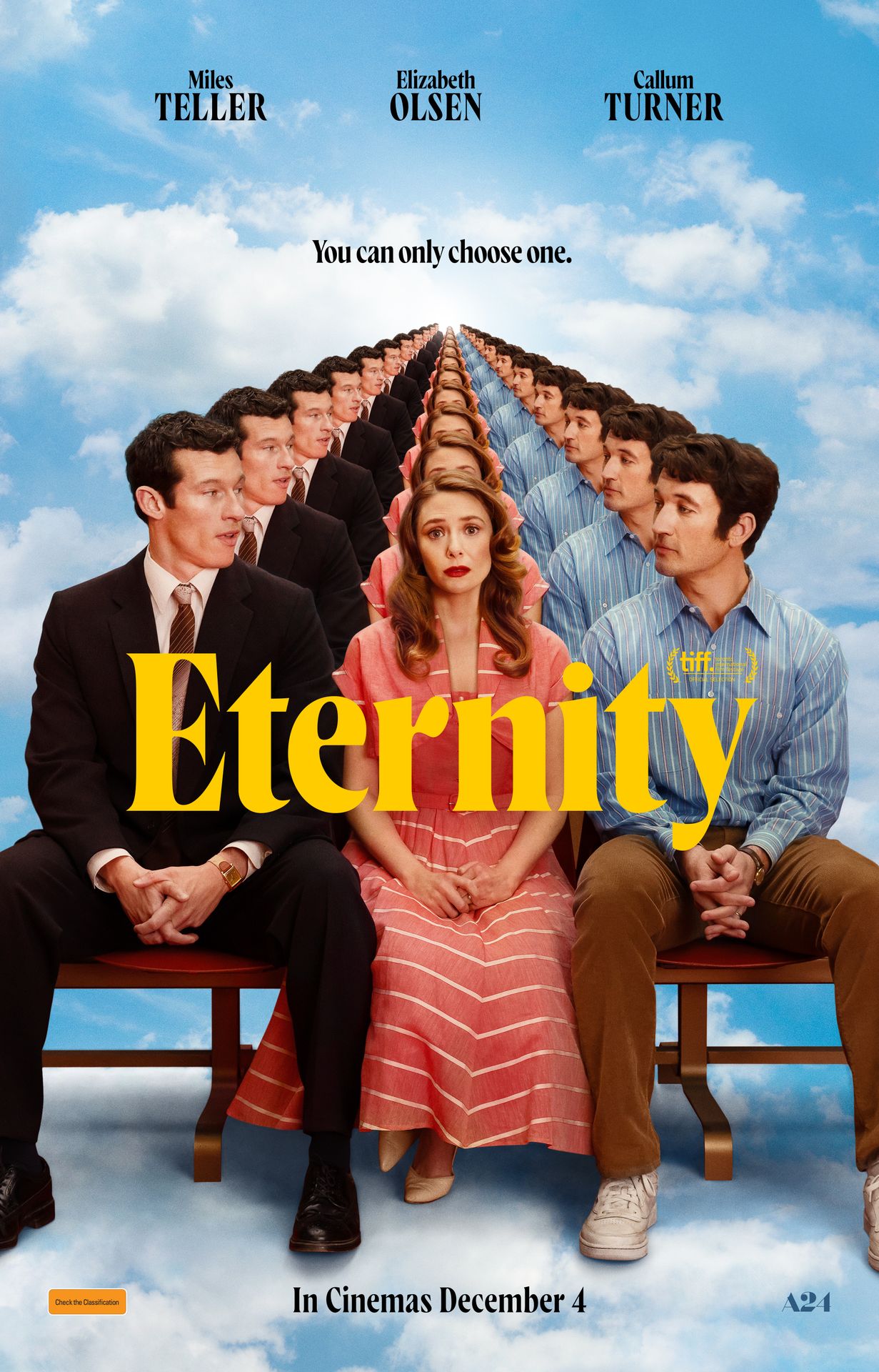 A movie poster of Eternity. Starring Betty Buckley, Elizabeth Olsen, Da'Vine Joy Randolph, Miles Teller, Callum Turner. Release date 04 12 2025.