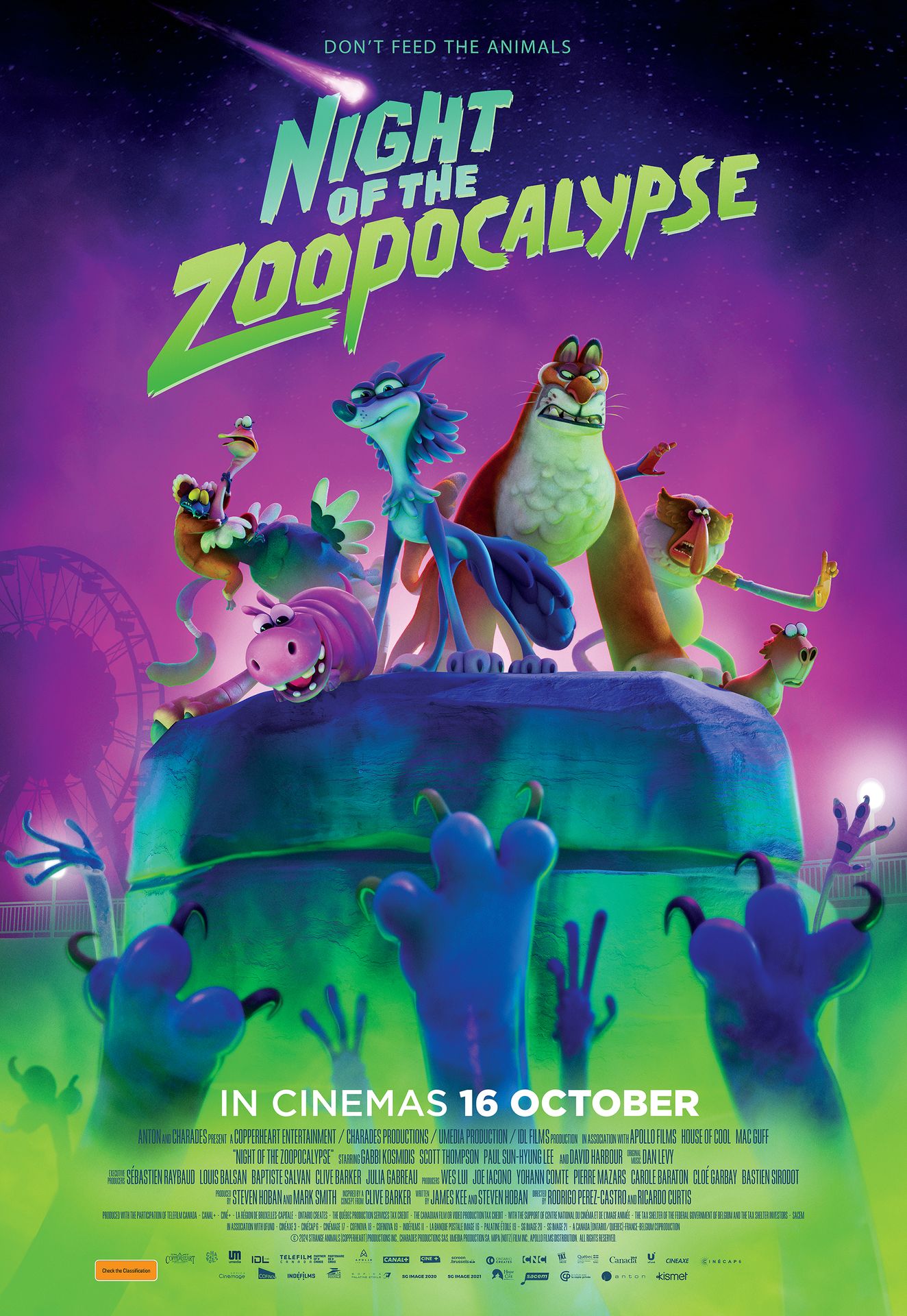 A movie poster of Night of the Zoopocalypse. Starring David Harbour, Gabbi Kosmidis, Paul Sun-Hyung Lee, Scott Thompson. Release date 16 10 2025.
