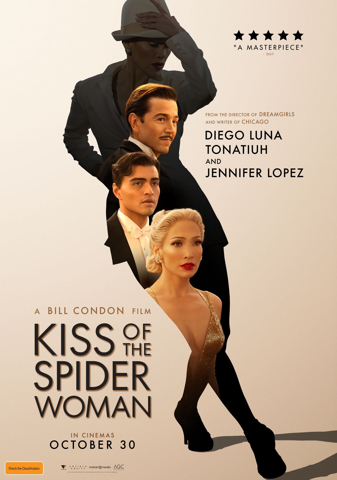 A movie poster of Kiss of the Spider Woman. Starring Tonatiuh, Jennifer Lopez, Diego  Luna. Release date 30 10 2025.