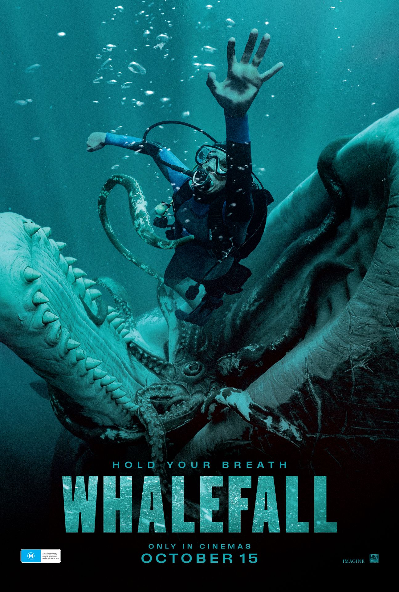 A movie poster of Whalefall. Starring Austin Abrams, Elisabeth Shue, Emily Rudd, Jane Levy, John Ortiz, Josh Brolin, Mark Meloro Jr., Sam Skolnik. Release date 15 10 2026.
