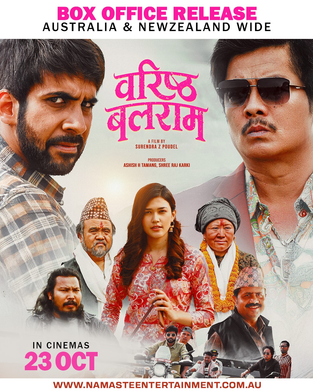 A movie poster of Baristha Balaram. Starring Samriddhi Aryal, Bijay Baral, Maotse Gurung, Dayahang Rai, Pashupati Rai. Release date 23 10 2025.