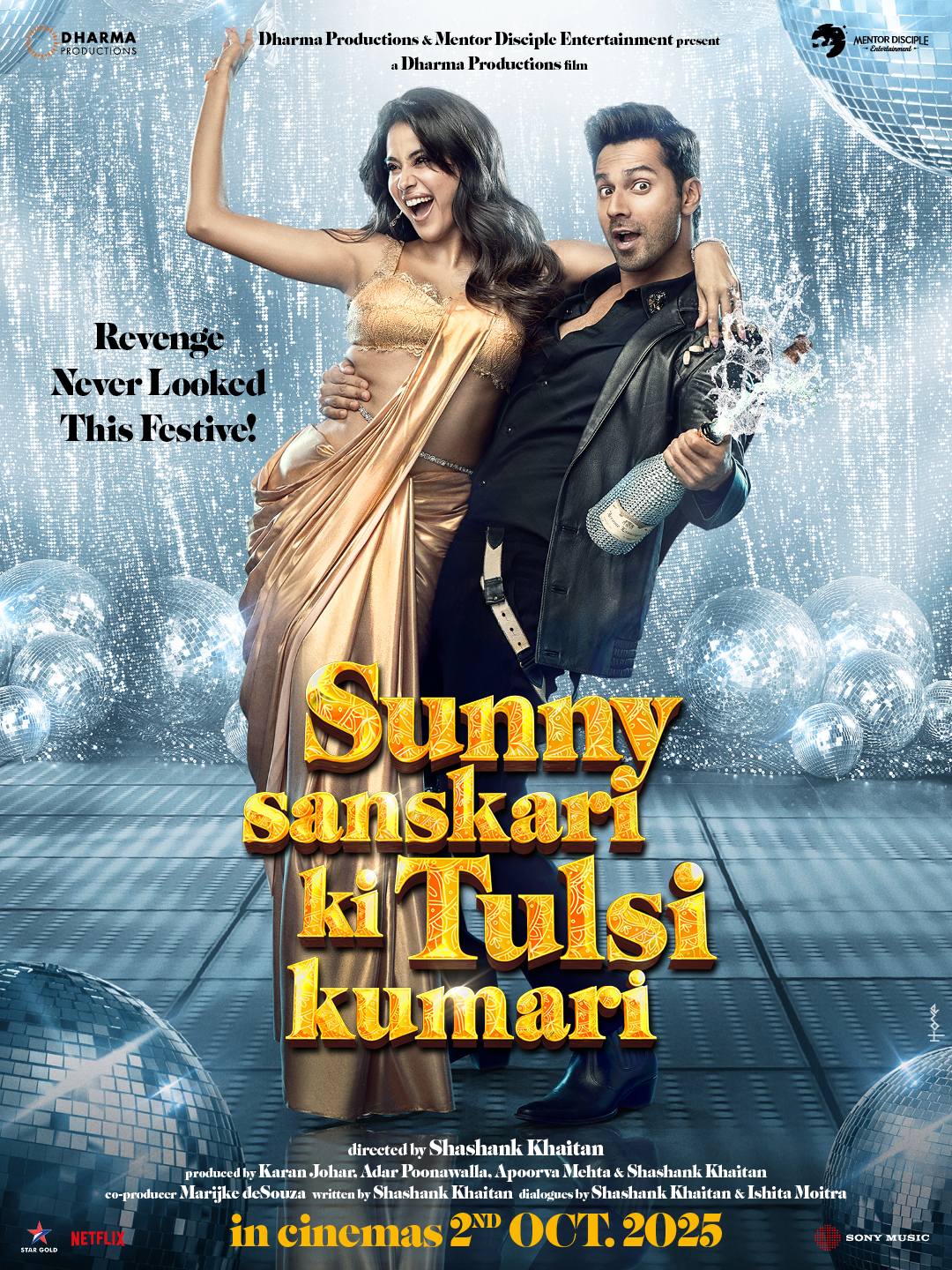 A movie poster of Sunny Sanskari Ki Tulsi Kumari. Starring Varun Dhawan, Manoj Joshi, Janhvi Kapoor, Sanya  Malhotra, Nitish Nirmal, Akshay Oberoi, Maniesh Paul, Rohit Saraf, Nishigandha Wad. Release date 02 10 2025.