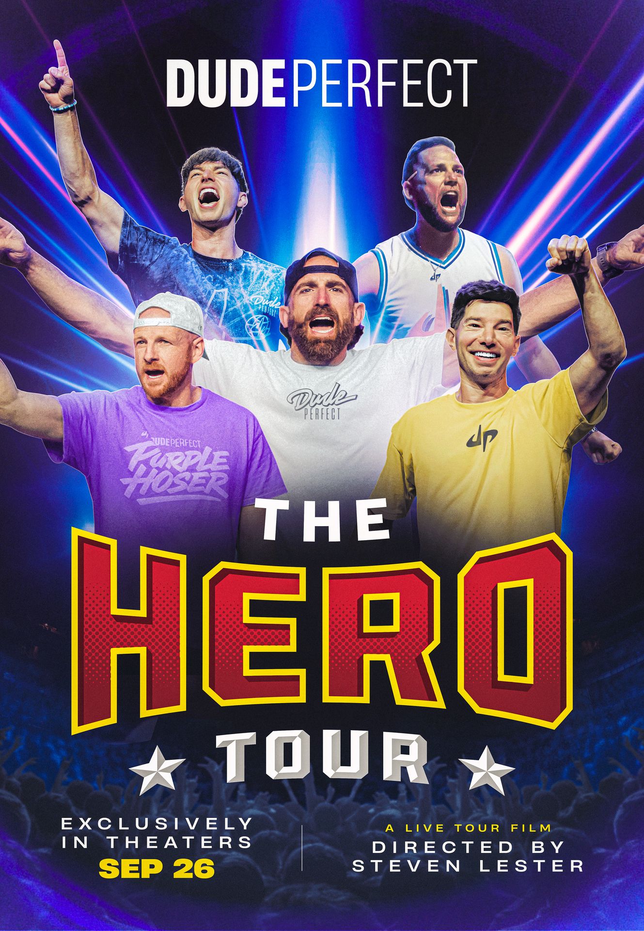 A movie poster of Dude Perfect: The Hero Tour. Starring Coby Cotton, Cory Cotton, Garrett Hilbert, Cody Jones, Tyler Toney. Release date 26 09 2025.