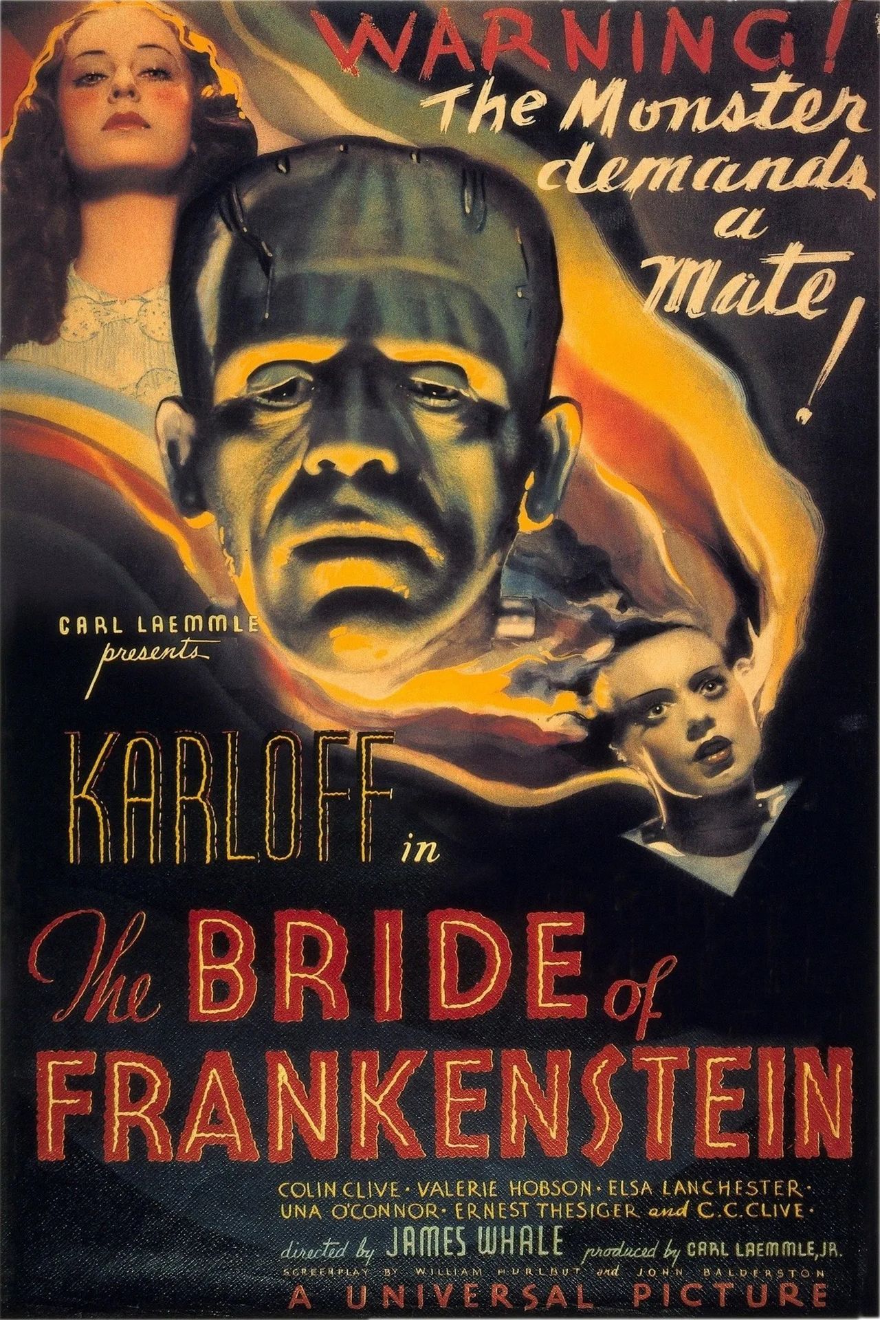 A movie poster of The Bride of Frankenstein (90th anniversary). Starring .