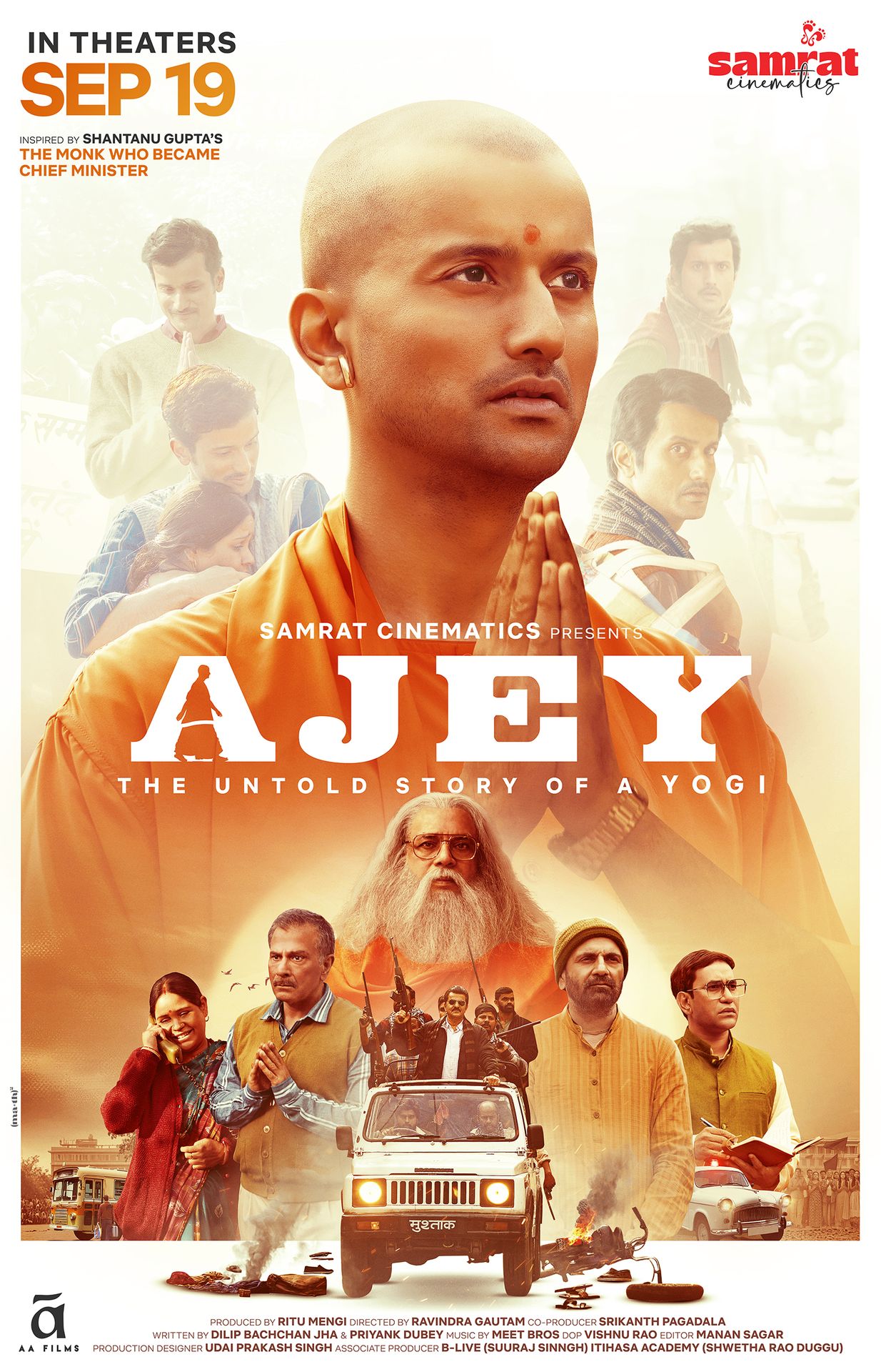 A movie poster of AJEY: The Untold Story of a Yogi. Starring Anant Joshi, Paresh Rawal, Dinesh Lal Yadav. Release date 19 09 2025.