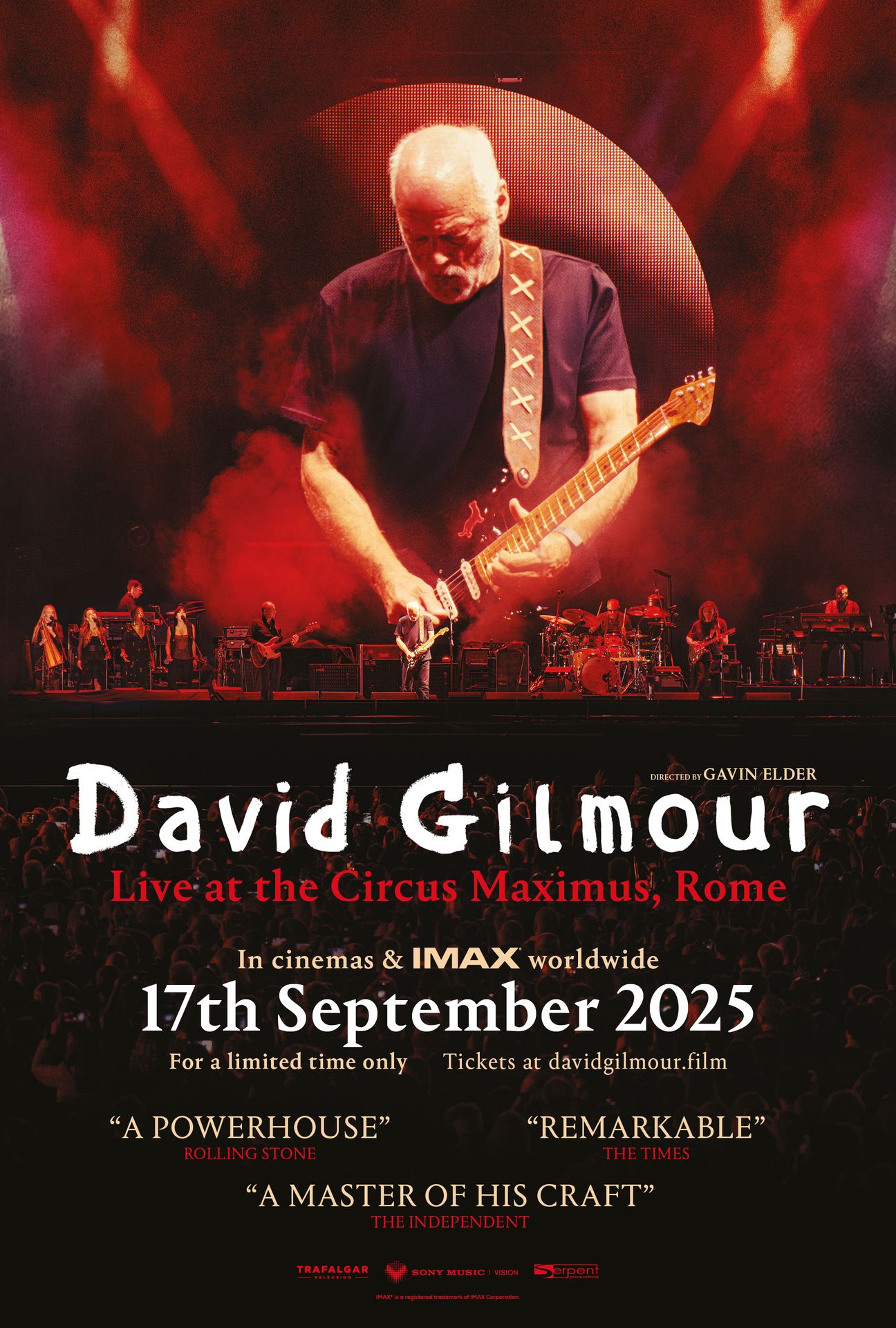 A movie poster of David Gilmour Live at the Circus Maximus, Rome. Starring David Gilmour. Release date 17 09 2025.